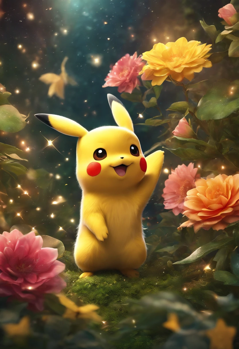 (masutepiece, Best Quality), Ultra-realistic and stunning digital artwork, Featuring a transparent Pikachu in a magical and whimsical environment, Filled with vibrant colors and dynamic textures. Pikachu is depicted in a playful and mischievous pose, As if it is about to plunge into action. The environment is filled with sparkling particles and fantastic elements, flowers, etc., Leaves, and stars in the, Adds an overall enchanting and dreamy atmosphere to the artwork.
