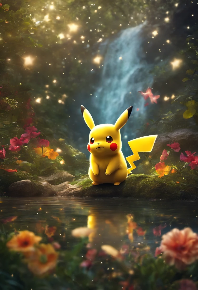 (masutepiece, Best Quality), Ultra-realistic and stunning digital artwork, Featuring a transparent Pikachu in a magical and whimsical environment, Filled with vibrant colors and dynamic textures. Pikachu is depicted in a playful and mischievous pose, As if it is about to plunge into action. The environment is filled with sparkling particles and fantastic elements, flowers, etc., Leaves, and stars in the, Adds an overall enchanting and dreamy atmosphere to the artwork.