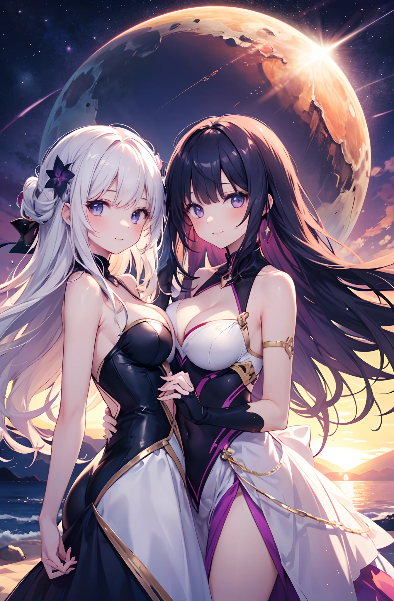 2girls, holding hands, two girls are wearing futuristic clothes, year 3033, outdoors, , purple sunset, summer sunset in a different world, multiple beautiful planets in the sky, a girl living in a different world, , joyful smile, , cleavage