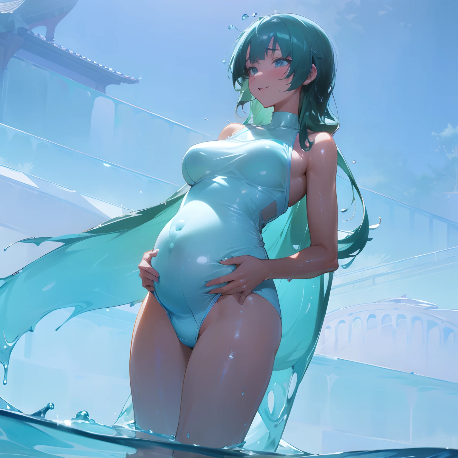 , seductive anime girls, glossy wet skin!!, [ 4K digital art ]!!, Wet swimsuit, beautiful and seductive anime woman, anime artsyle, clean and meticulous anime art, glossy wet skin, , ((Loire)，Pregnant belly，prengant，Standing，looking at viewert，Happy expression