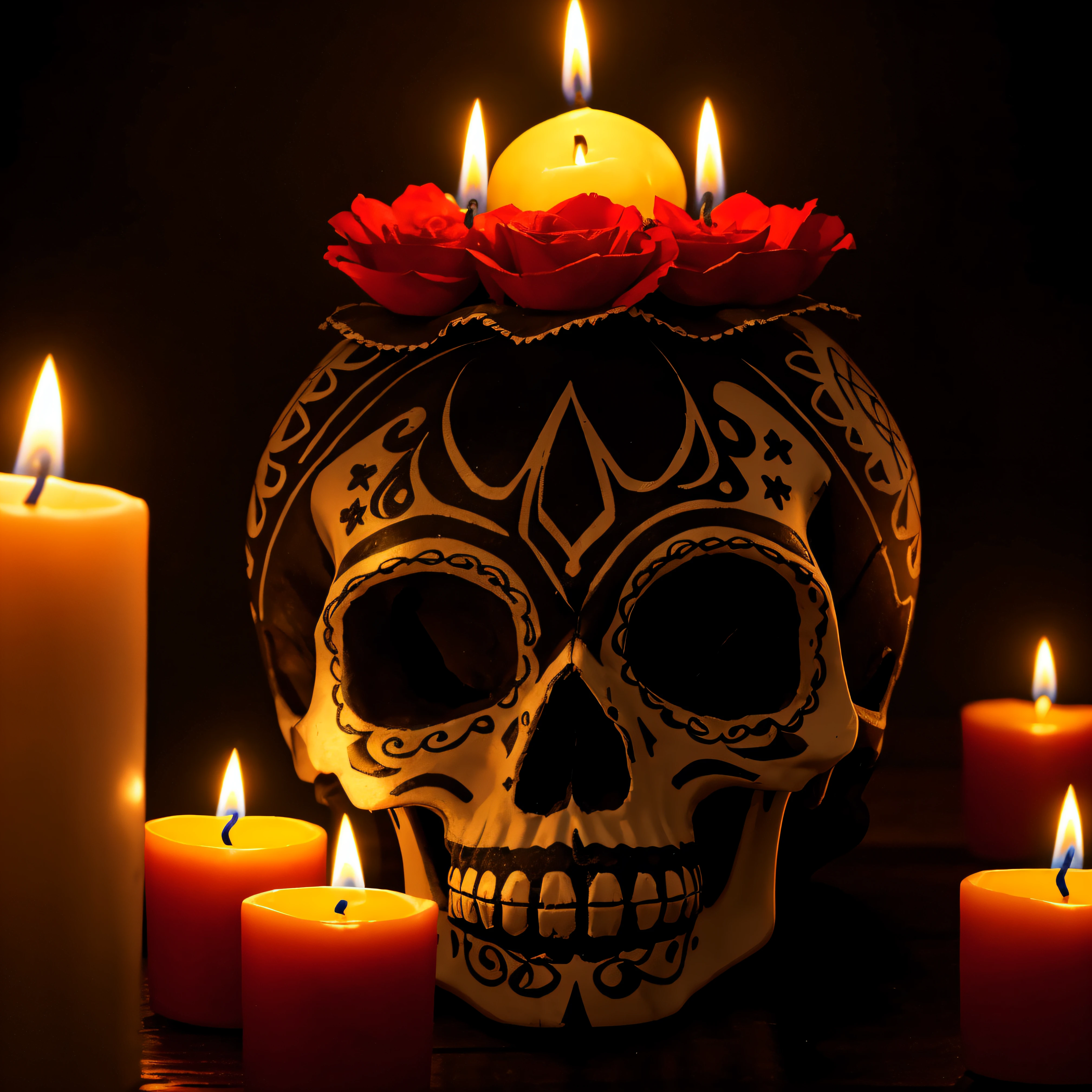 mexican traditional skull with candle on top spooky lights of candles