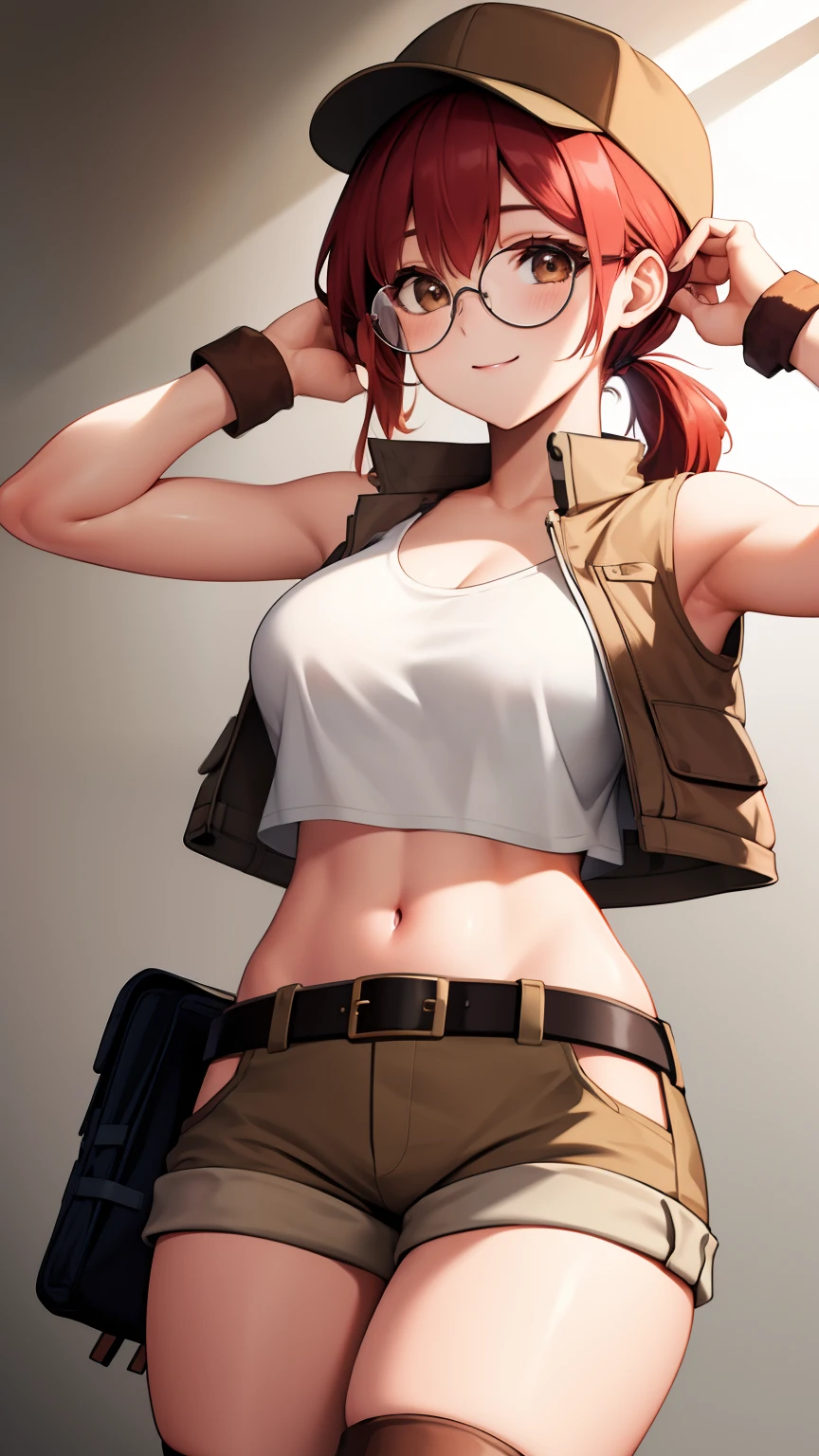 (Masterpiece, Best quality:1.2),illustration,8K,HD,1girll,Solo,Upper body,(Portrait:1.2),Large breasts,circle glasses,Hat,Crop top,midriff,mitts,navel,baseball cap,Knee protectors,Short shorts,pony tails,Boots,Brown eyes,brown shorts,belt,Smile, pack,Brown tiara,Red hair,hip vent,vests,Long hair,vest,