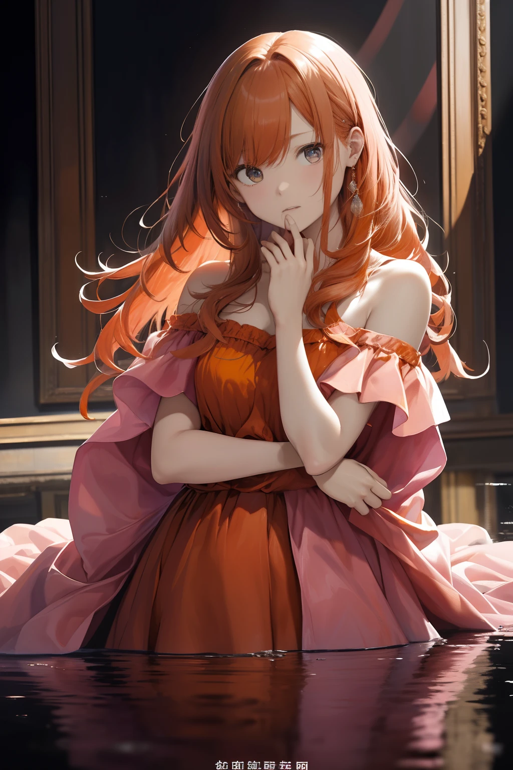 Black background、bustshot、an oil painting、masterpiece、top-quality、hight resolution、((Orange hair))、Long hair、((Pink dress))、off shoulders、Shoulders are visible、Stunned expression、I was disappointed、front facing、Reflection from the waist to the head、Holding your head with your hands