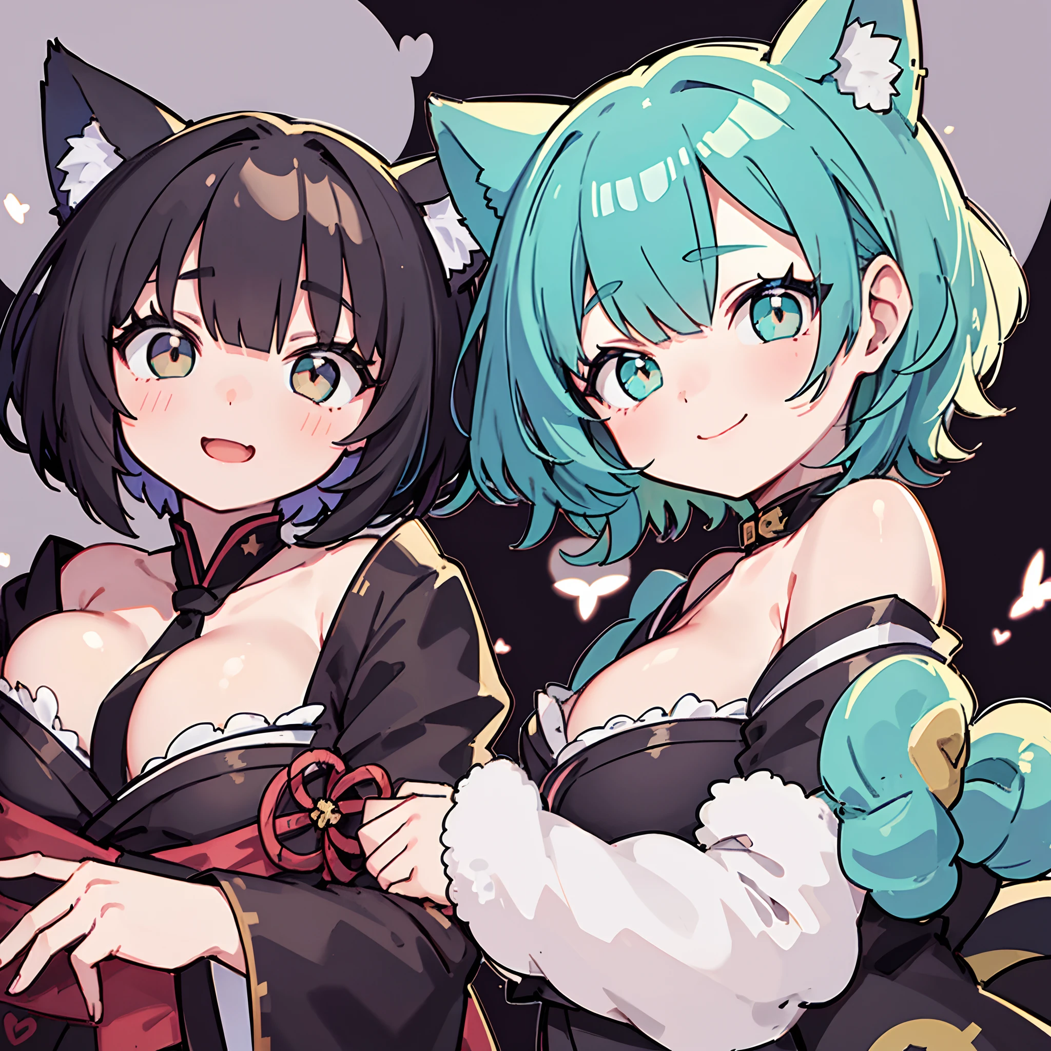 catgirl, cat ears, (short turquoise hair in a fluffy wavy bob-cut, (black highlights)), soft round eyes, big smile, kimono, dark background, masterpiece, highest quality, (solo focus), (perfect face:1.1), (high detail:1.1)