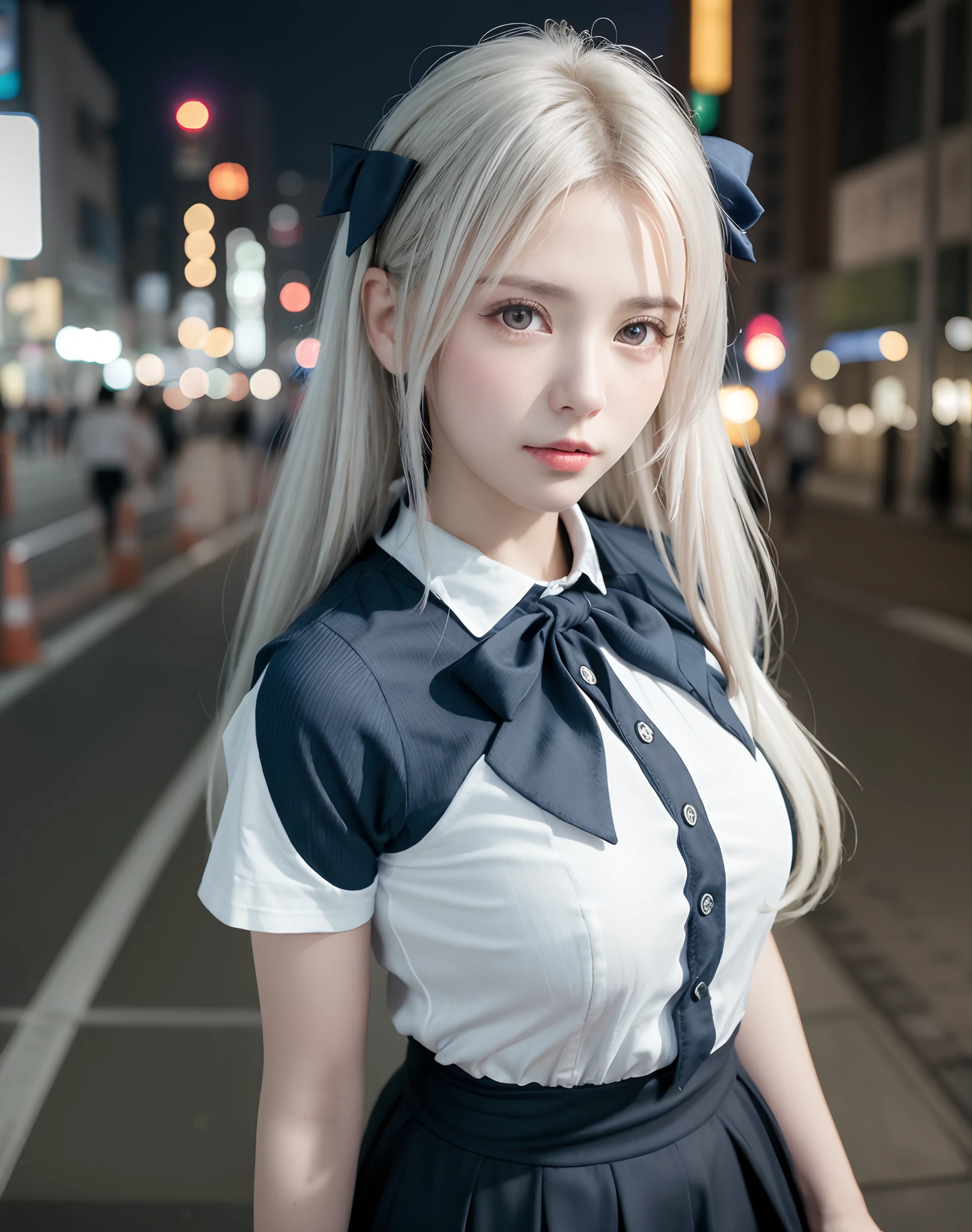(8k, RAW photo, best quality, mastery:1.3), (realistic, photo-realistic:1.37), (looking viewer:1.331), (white hair), posing, Tokyo street, nightcityscape, cyberpunk city, soft light, 1girl, extremely beautiful face , Perfect body proportions, (small face: 1.1), (enormous breasts :1.2) , casual hairstyle, smile, big eyes, (short sleeves JK_shirt), JK_style, (navy JK_skirt), (bow JK_tie), mix4, detailed eyes