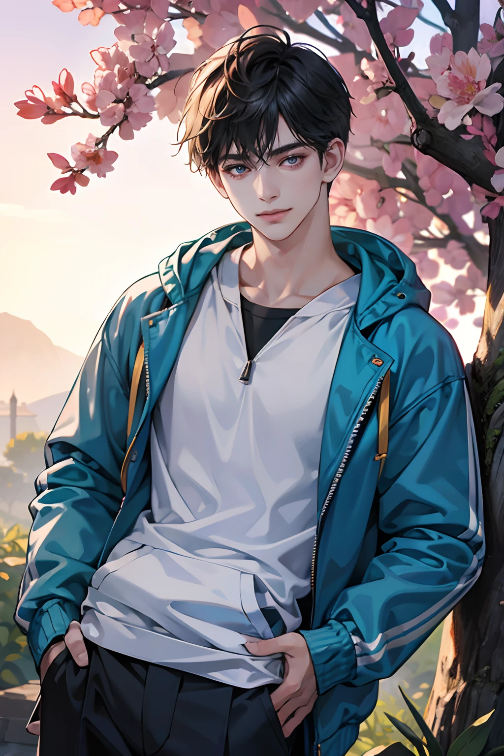 (tmasterpiece, high resolution, ultra - detailed:1.0), (1 boy, young male), eyes looking at camera, perfect male body, delicate eyes and delicate face, extremely detailed CG, 8k wallpaper, complicated details, solo person, detailed face,( jacket, hoodie, windbreaker, smile), outdoor, tree and flower, primeval forests, color difference, depth of field, dramatic shadow, ray tracing, best quality, cinematic lighting, offcial art, portrait