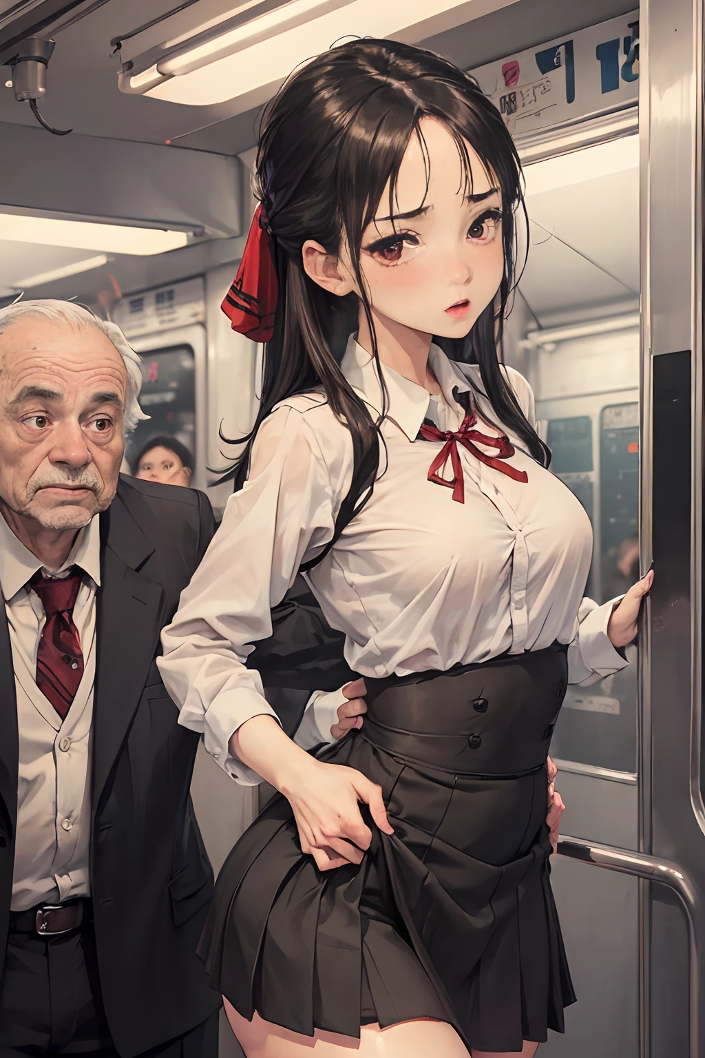 NSFW, realistic, masterpiece, VERY crowded subway train interior detailed scenario, VERY crowded subway train interior detailed background, standing insanely hot (woman 1) using sexy ((school uniform)), (((lifted skirt)), (big ass), (thick thigths), (fear expression), blushed face, old small man ass groping woman 1 from behind,(((old small man pressing his chest on woman 1 back))) and (((holding her waist behind her))), red eyes,  black hair