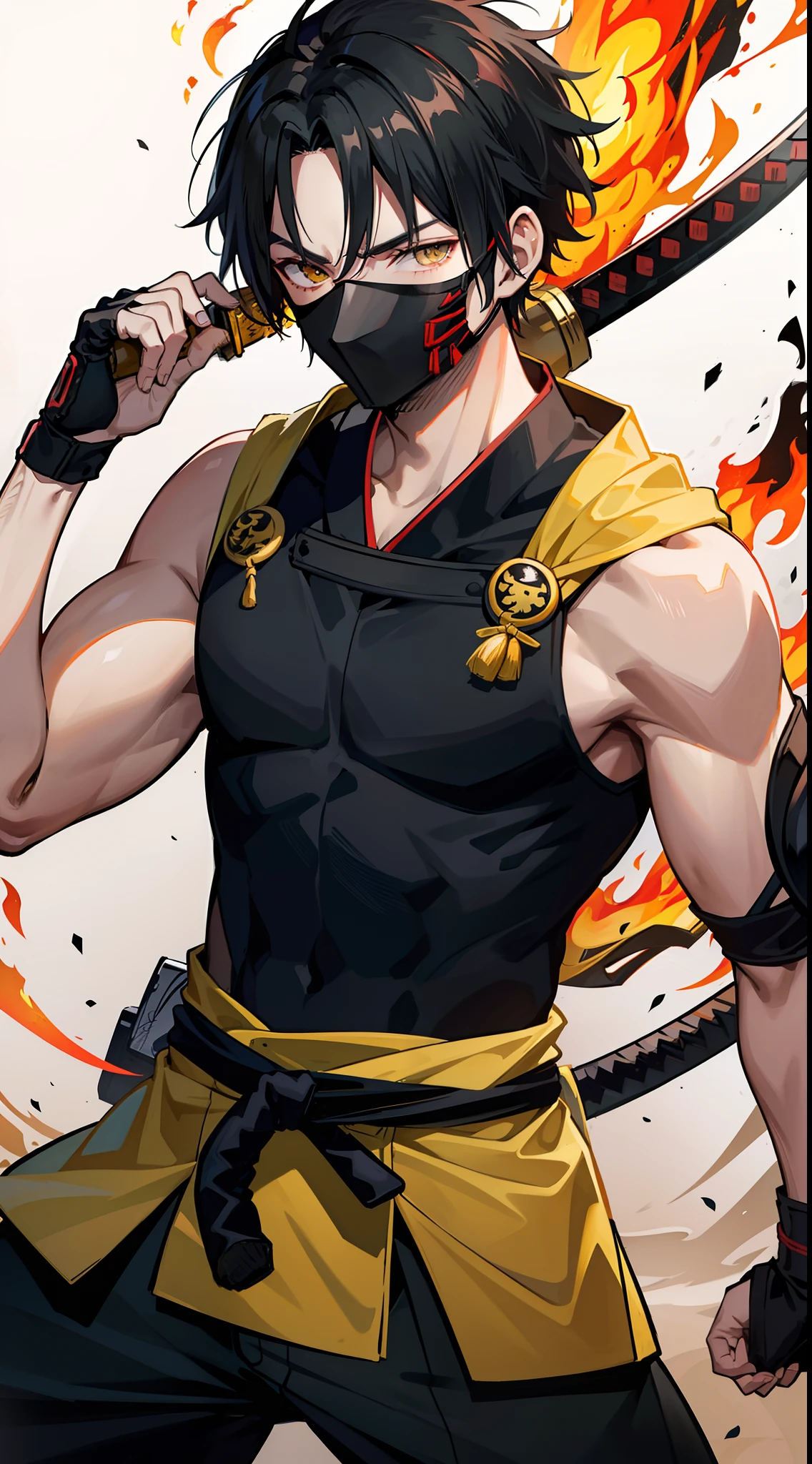 Grown-up guy, short black hair, high ponytail, Brown eyes, mask, Yellow shinobi kimono, Sleeveless, Scorpion, fire, katana, Masterpiece, hiquality, 4k, HD, Good detail