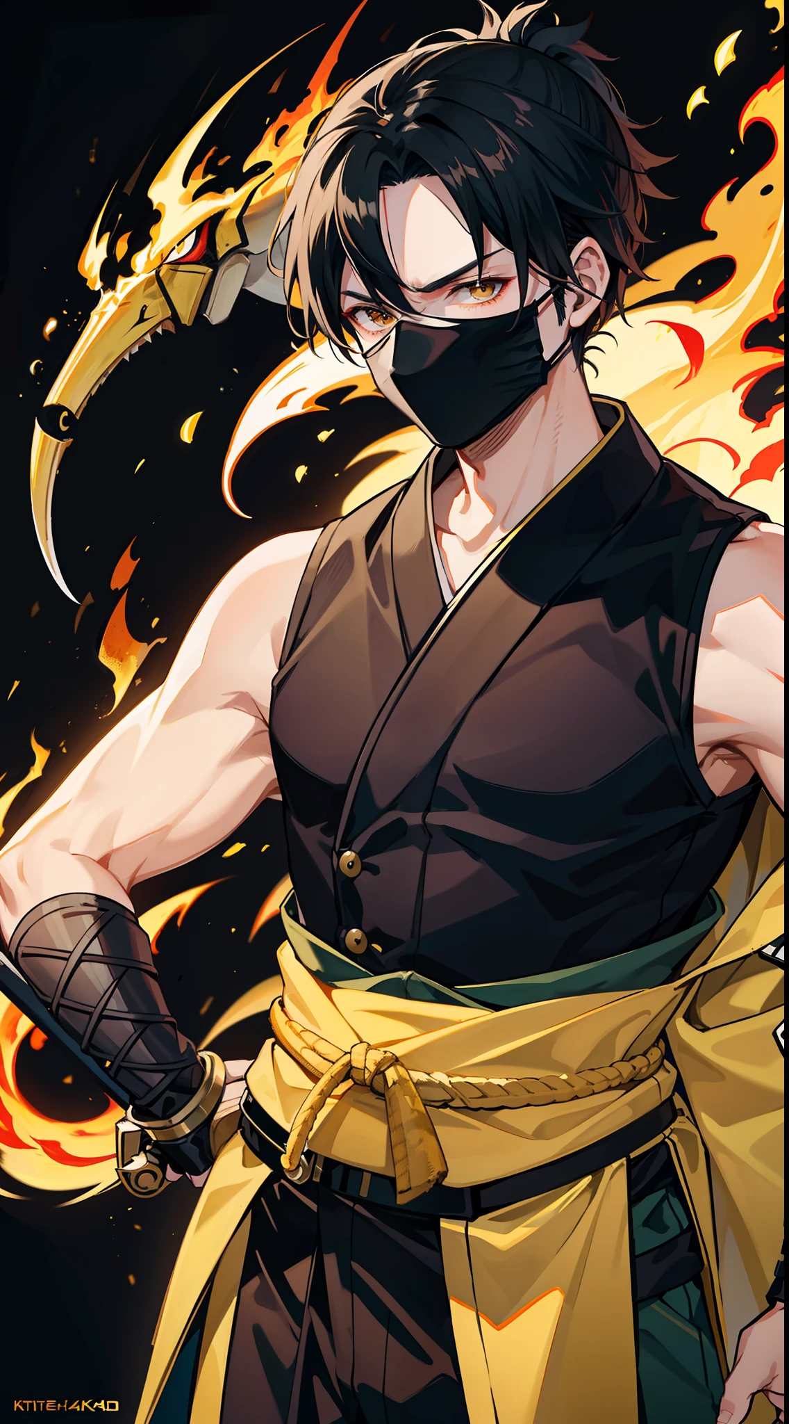 Grown-up guy, short black hair, high ponytail, Brown eyes, mask, Yellow shinobi kimono, Sleeveless, Scorpion, fire, katana, Masterpiece, hiquality, 4k, HD, Good detail