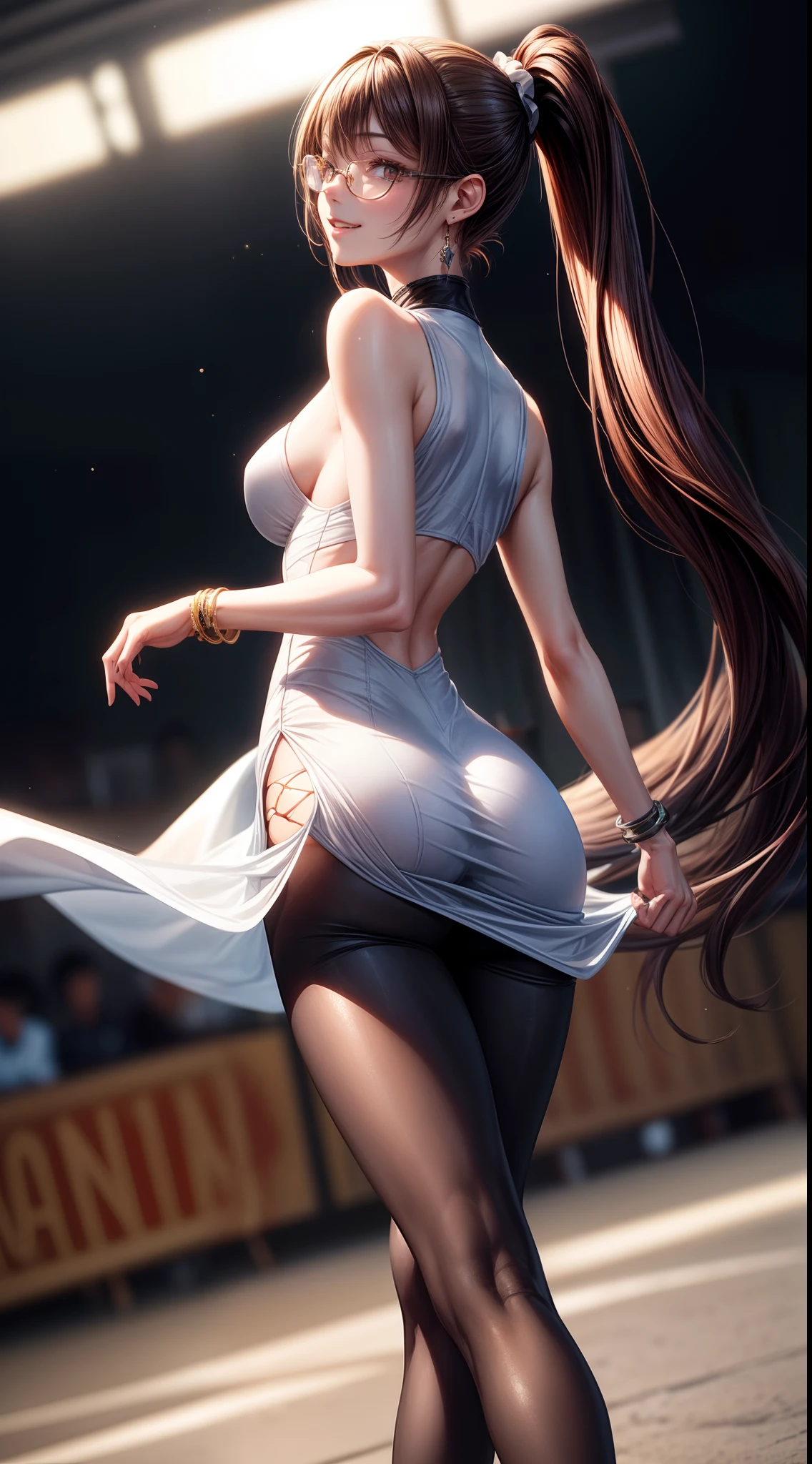 8K, masutepiece, Raw photo, Best Quality, Photorealistic, Highly detailed CG Unity 8k wallpaper, depth of fields, Cinematic Light, Lens Flare, Ray tracing, (Extremely beautiful face, Beautiful lips, Beautiful eyes), intricate detail face, ((Ultra detailed skin)) 1girl in, In the Dark, deepshadow, Pretty Korean girl, Kpop Idol, 1 girl, (Very slim and slender fit muscular body:1.3), ((Looking at Viewer)),(Big smile:1.3), (Blurred background),(No people in the background:1.3), Beautiful earrings, Bracelets, pantyhose, Clear eyes, Walking, (pale skin), (Big eyes), Face forward, (Brown hairs), (Full body shot), ((Race Queen:1.3)), ((tight fitted)), , (Looking at Viewer:1.3) opened ??????, Very slim, ??????????????, backtrack, (Back shot), ??? forcus, Before the eyebrows,(Tight Dress), thick thighs,Frameless glasses,Beautiful ponytail,Racetrack,Cosplay