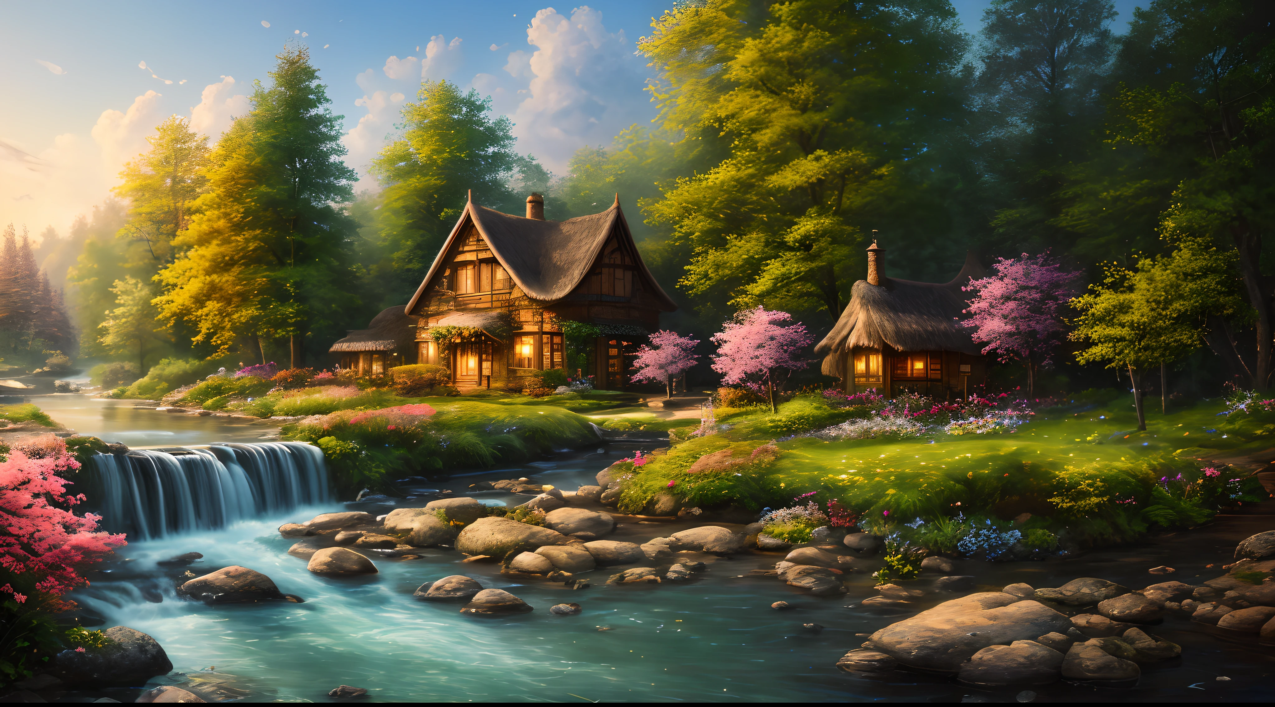 masterpiece, best quality, high quality,extremely detailed CG unity 8k wallpaper, An enchanting and dreamy scene of a fantasy forest, beautiful cottage beside a stream,with towering trees, glowing flowers, and hidden fairy glens, creating a sense of mystique and enchantment, artstation, digital illustration, intricate, trending, pastel colors, oil paiting, award winning photography, Bokeh, Depth of Field, HDR, bloom, Chromatic Aberration ,Photorealistic,extremely detailed, trending on artstation, trending on CGsociety, Intricate, High Detail, dramatic, art by midjourney