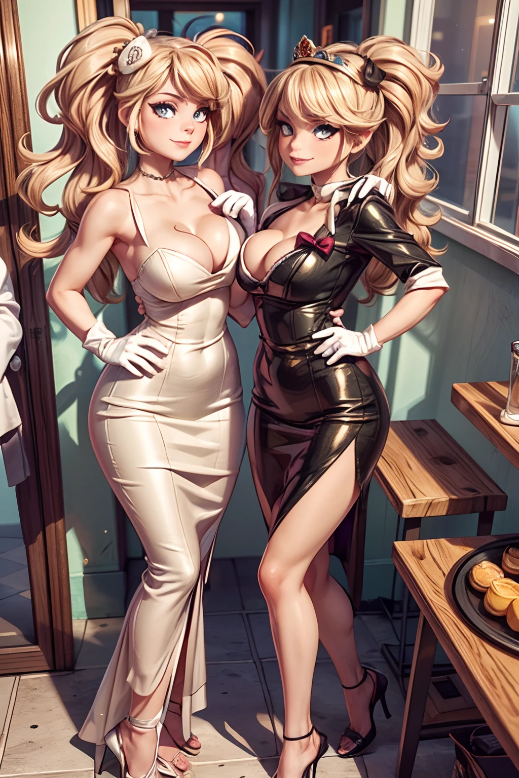 Three women, in colorful formal evening gowns posing in front of a window, selfie, large breasts, random hair styles, elegant makeup, tiara, white gloves, dainty, beautiful, perfect skin, 8k resolution, perfect lighting, perfect face, perfect shading, extreme detail, cocktail dress, shining, from above, group hug, taking selfie with smartphone:1.5