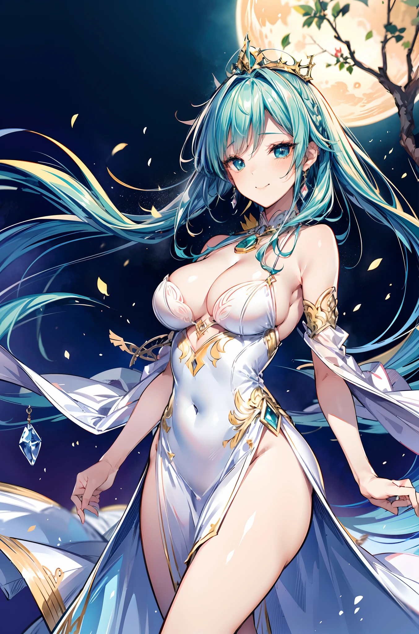 turquoise green hair, The silver and white dress is embellished with gold detailed ornaments,Light and dignified, Cute, Beautiful matured girl, (fine detailed beautiful eyes), weak smiling, Anime - Stylistic illustration of a woman in a white and gold dress, long dress with side slit, Anime goddess, ((a beautiful fantasy empress)), a beautiful fantasy empress, Alphonse mucha and rossdraws, gilded lotus princess, beautiful goddess, Anime fantasy illustration, Beautiful young wind spirit, (ultra high resolution:1.3, 8K RAW photo, photo realistics:1.2, thin outline:1.5), canola filled background, windy effect, extent flattering hair, Entering the rape blossom hata, The edge of the mountain seen, If you look at the spring breeze swaying sky, The setting moon is shining, The Hokage of Satowa and the color of the forest, Some people follow Tanaka's path, No frogs, no sounds, no bells., A hazy moonlit night,