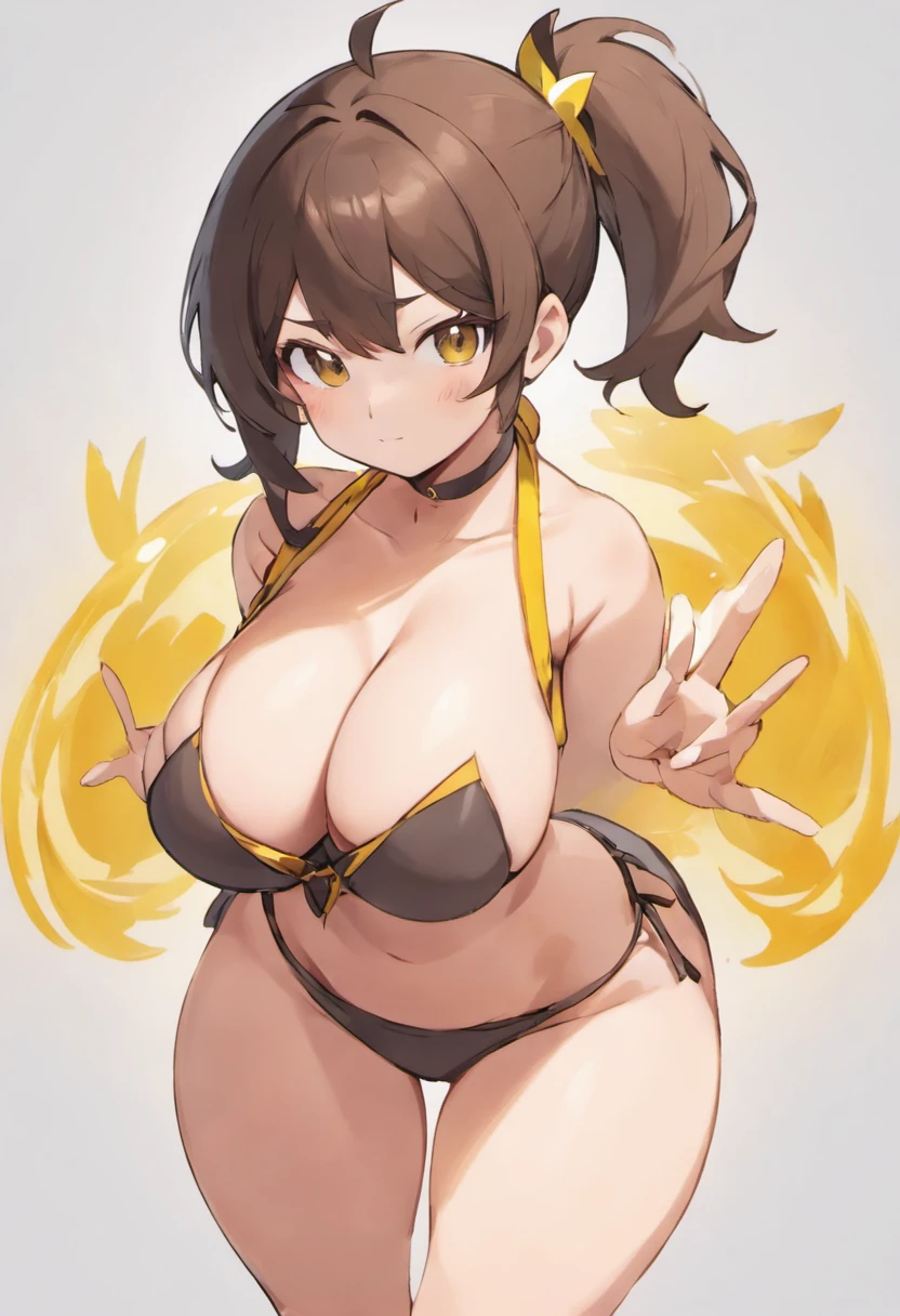 Female Ninja senran kagura big boobs short brown hair tied in a ponytail golden eyes big thighs something clearly turning her on