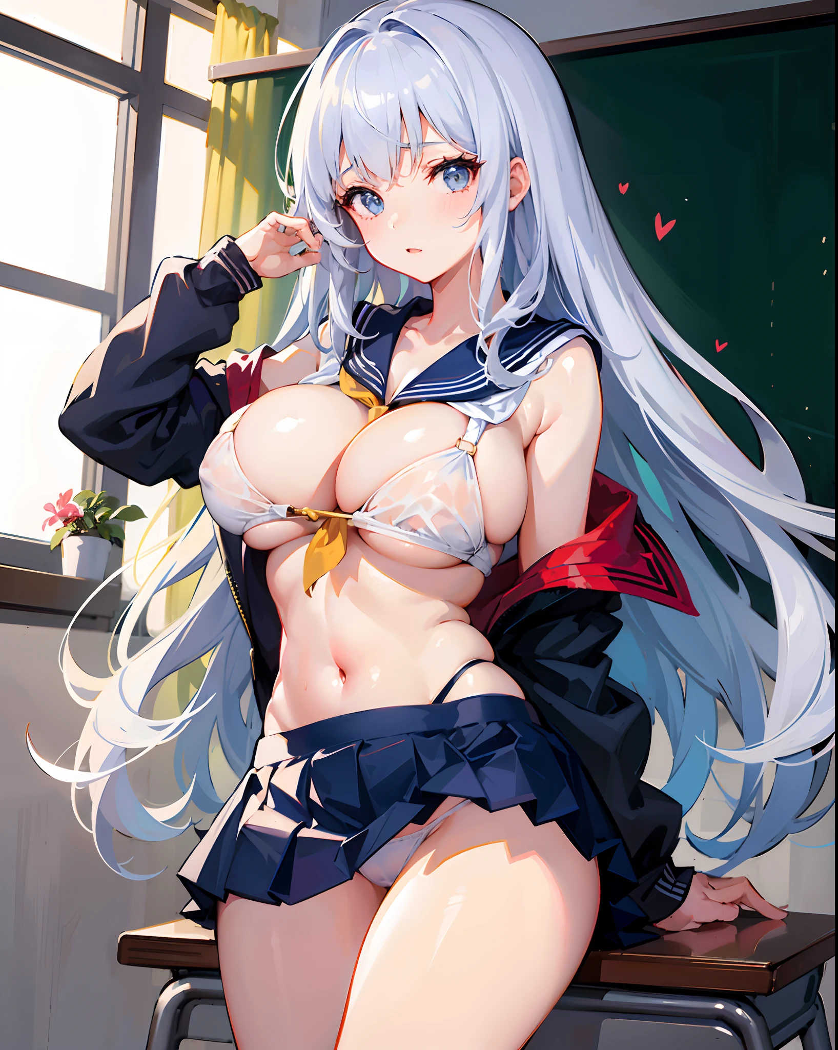 1girll,a sailor suit,hason,exposing your navel,I can see panties,gigantic cleavage breasts,Perfect legs,extreme hight detail,In the classroom