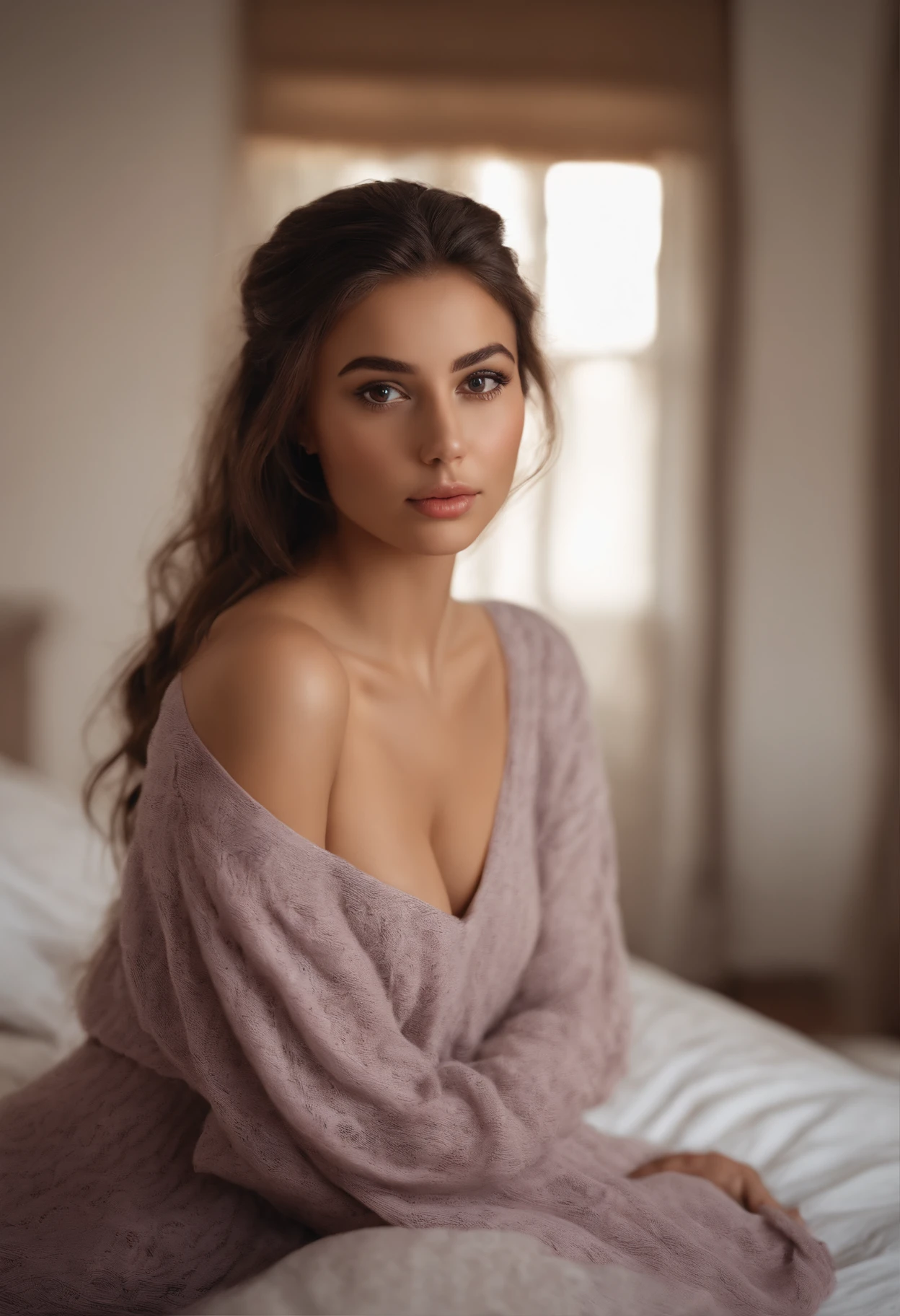 arafed woman fully ,hispanics sexy girl with brown eyes, ultra realistic, meticulously detailed, portrait sophie mudd, brown hair and large eyes, selfie of a young woman, bedroom eyes, violet myers, without makeup, natural makeup, looking directly at the camera, face with artgram, subtle makeup, stunning full body shot kneeling on bed, in bedroom, medium to large size bust