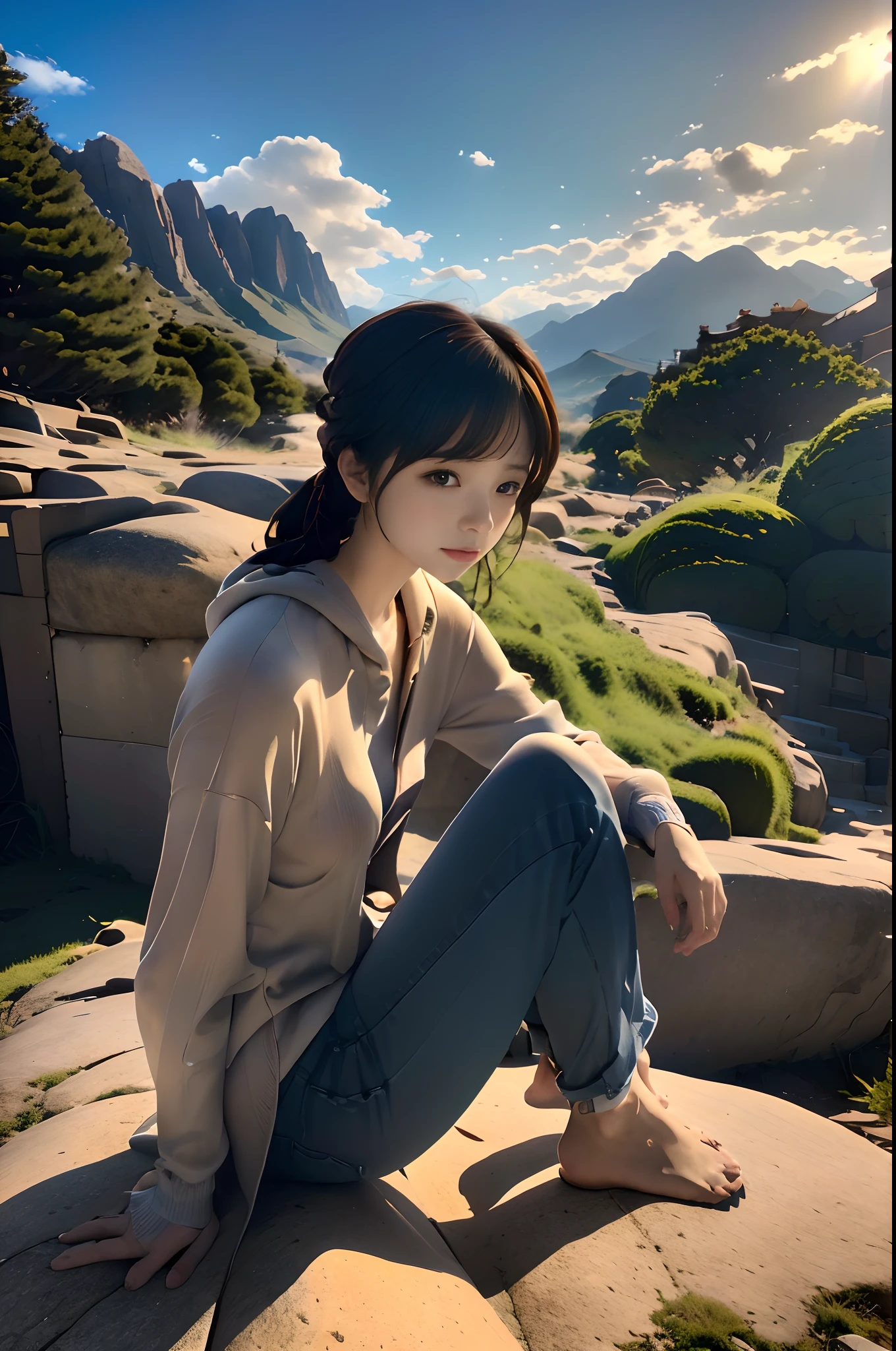 top-quality、masuter piece、ultra-detailliert、8k、独奏、(((Girl sitting on a huge rock looking at the sky、up looking_Away:1.2、Looking at the sky)))、from behind、Beanie、Greyprint Hoodie、Straight Old Denim、damage jeans、Trekking Shoes、backpacker、evening、Sunset、blurry backround:1.5、plein air、Mountains of the Andes々々々、Orange sky、Scaly clouds
