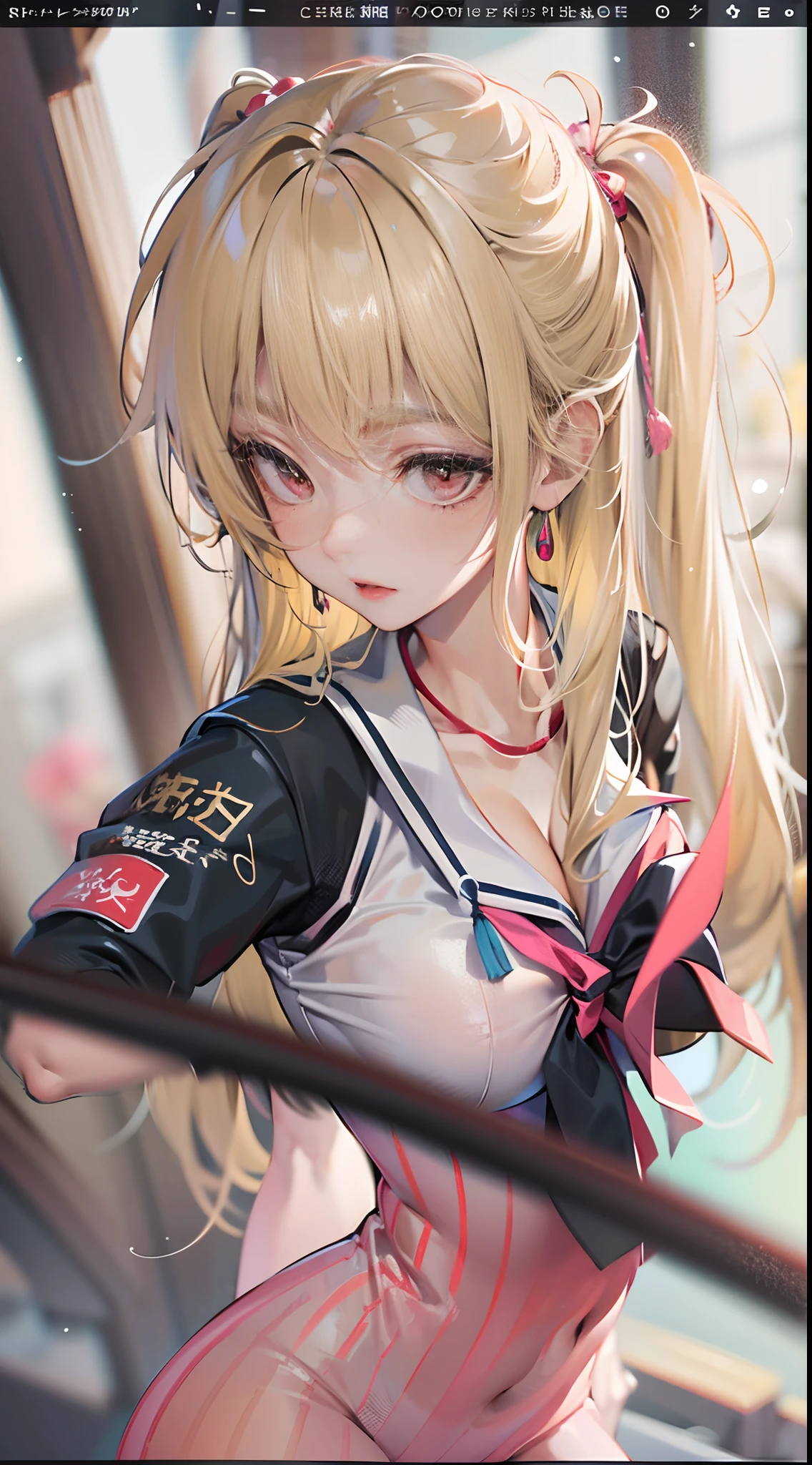 Beautiful Nikkei Girl，cabellos largos dorados，a sailor suit，nabel，Long straight blonde hair，Japanese babes，Bad girl，black pantyhoses，Pink lipstick，The expression is disdainful，nabel，Red eyeshadow，huge tit，