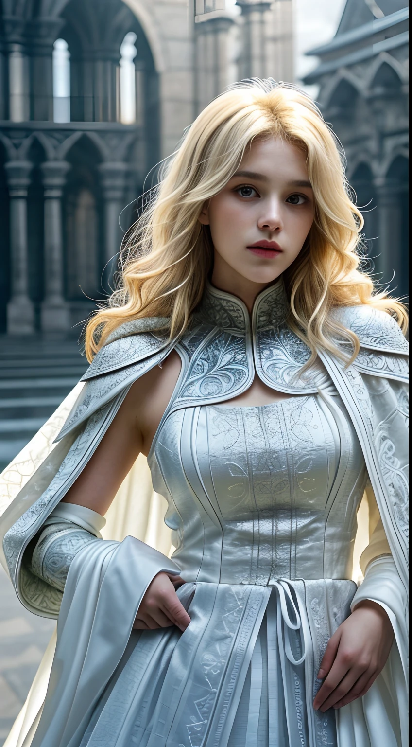 Extremely detailed RAW photo, (rogue thief:1.2) european nordic 19yo female wearing stitched layer (leather armor:1.2), (embroidered white silk cloak), (fabric with intricate pattern:1.2), (insanely detailed, bloom:1.3), 8k, (analog:1.2), (high sharpness), (detailed pupils:1.2), detailed face and eyes, masterpiece, best quality textures, (highly detailed floral patterns:1.1), photorealistic, ecstatic:1.1), (young woman:1.2), sharp, (perfect body:1.2), half body (gothic temple background:1.1), sunset, god rays, blonde wolfcut hair, blonde hair curly, midshot, centered image, ultra detail, extremely face detail, extremely eye detail, gorgeous