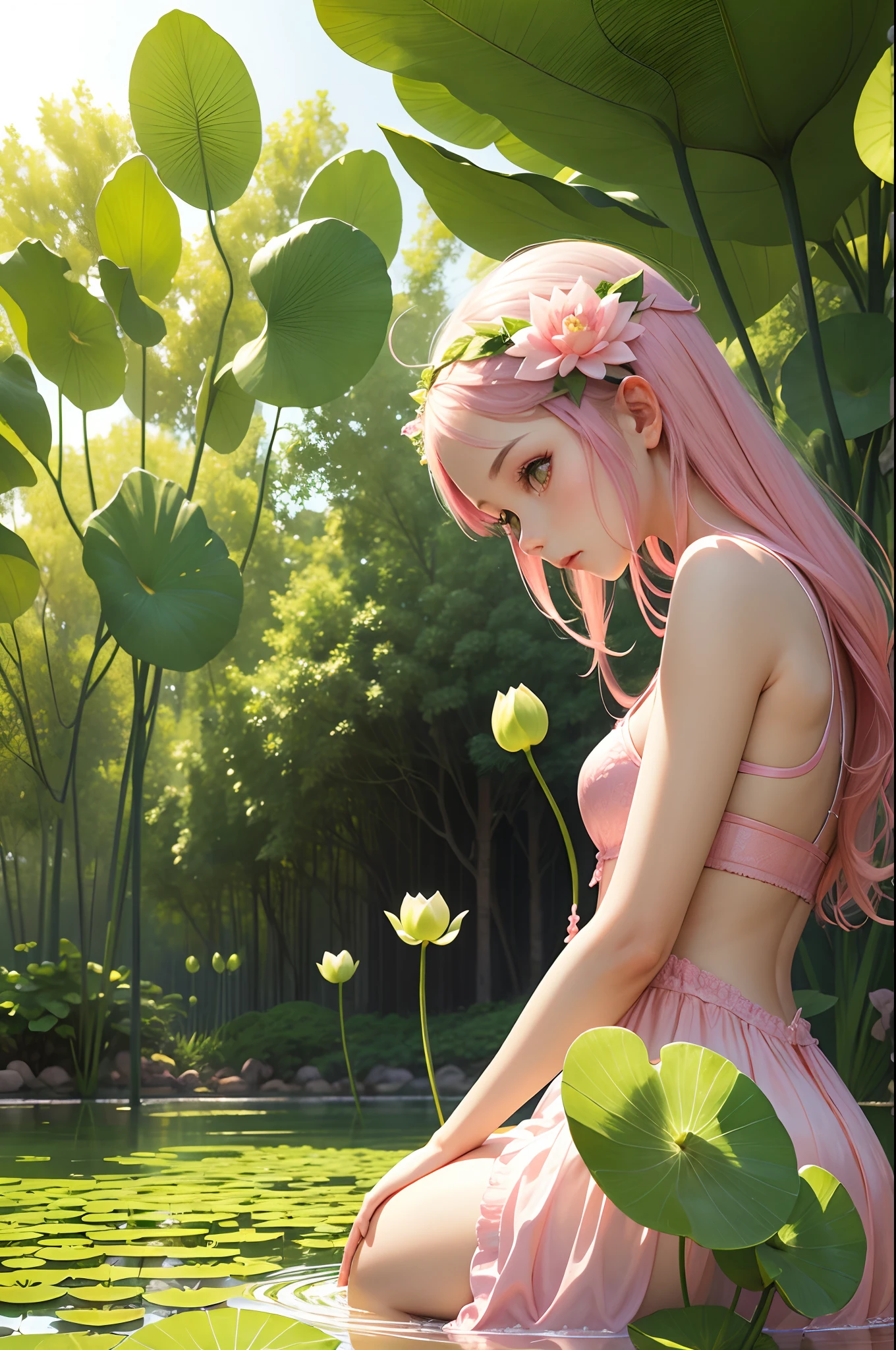 Green scenery，lotuses，ultra-clear，in pink，Wallpapers，girl