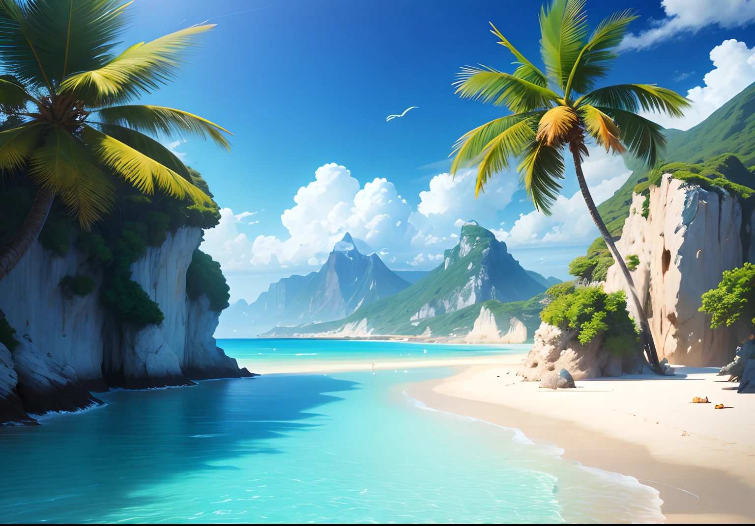 Summer, seaside, island, clear water, blue gradient water, transparent water, island, coconut palm, paradise, large clouds, blue sky, hot weather, HD detail, hyper-detail, cinematic, surrealism, soft light, deep field focus bokeh, distant snow mountains, ray tracing, and surrealism. --v 6