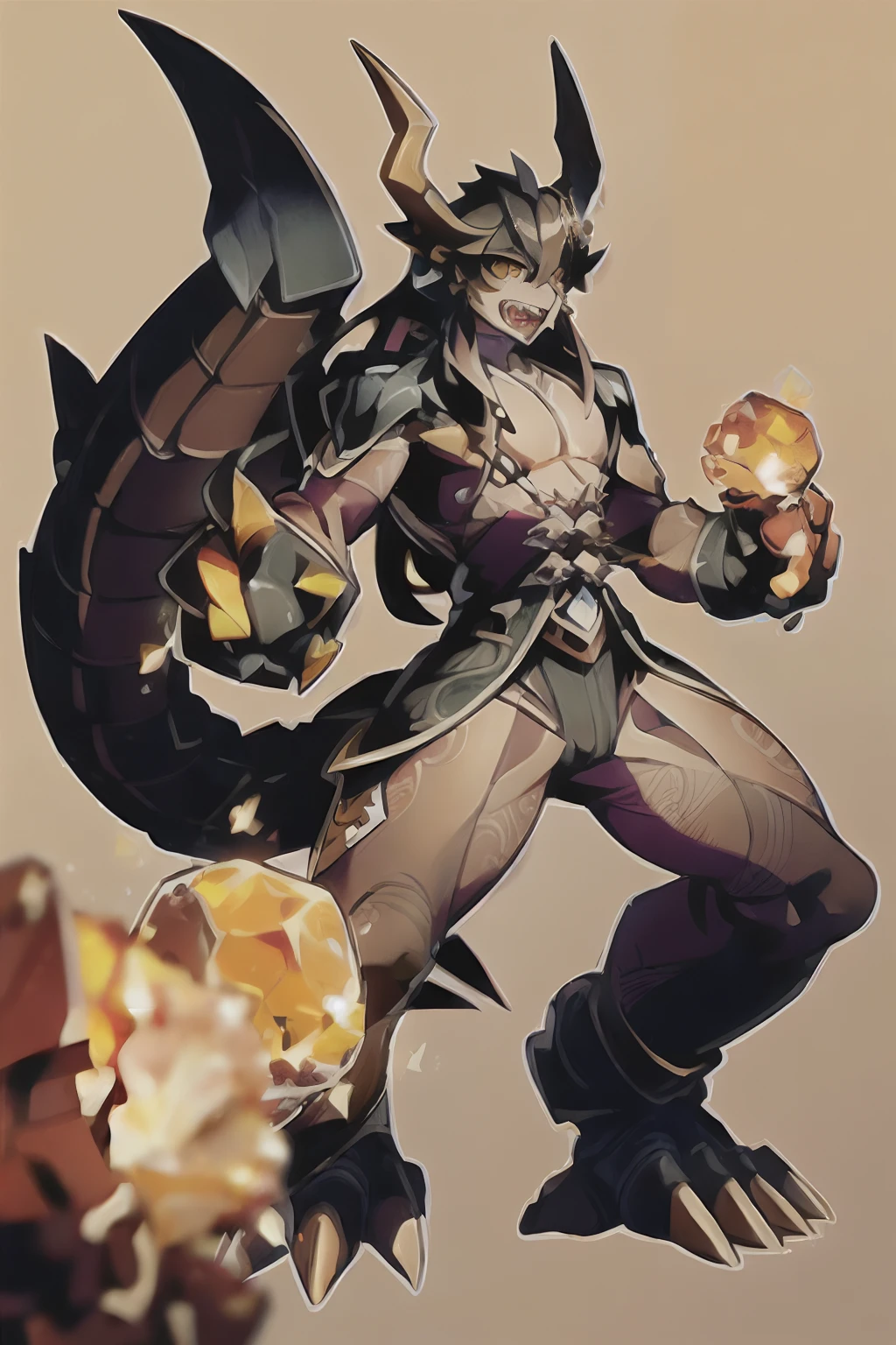masterpiece, best quality, male focus, jewelry, long hair, 1boy, solo, earrings, bangs, gloves, ponytail, (( Over size Claws)), multicolored hair, brown hair, hair between eyes,  yellow eyes,gradient hair, suit, black hair, digimon \(creature\), ((orange eastern Dragon horn and brown Tail),  ((orange Crystals on body)), ((Orange, Black and brown Colour schemes)), (Zhongli as a Digimon), ((mid transformation sequence)), ((Sharp Fangs, Draconic ))