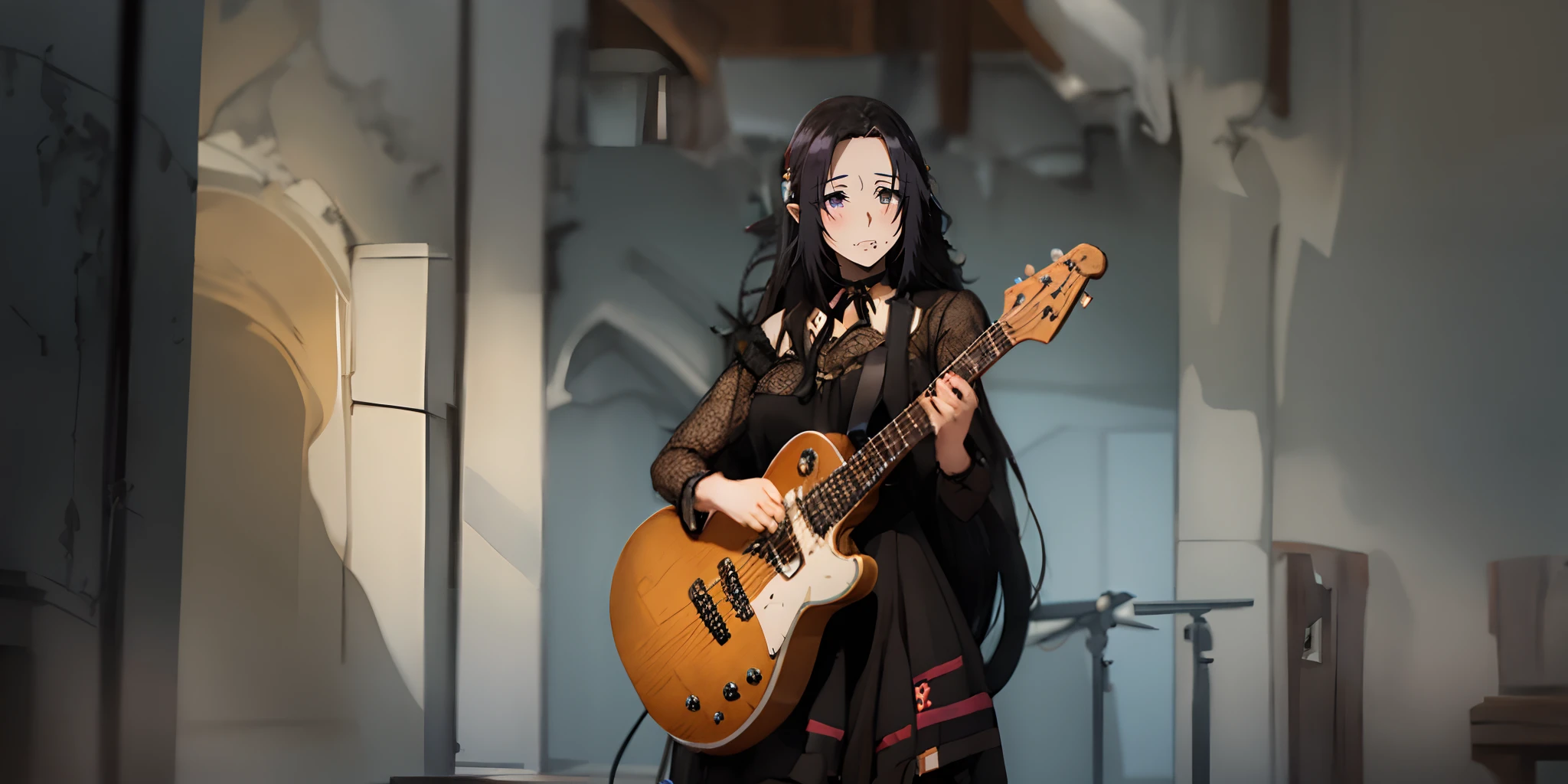 long hair, pointy ears, black hair, purple eyes, instrument, guitar, music, playing_instrument, solo, solo focus 1girl, holding_instrument, electric_guitar, black_dress, blurry, plectrum, blurry_background, bass_guitar, bow_(instrument), acoustic_guitar, solo, dress, depth_of_field, choker, indoors, long_sleeves, singing, holding, amplifier_(instrument), jewelry, bangs, standing, black_nails, sheet_music, black_choker,