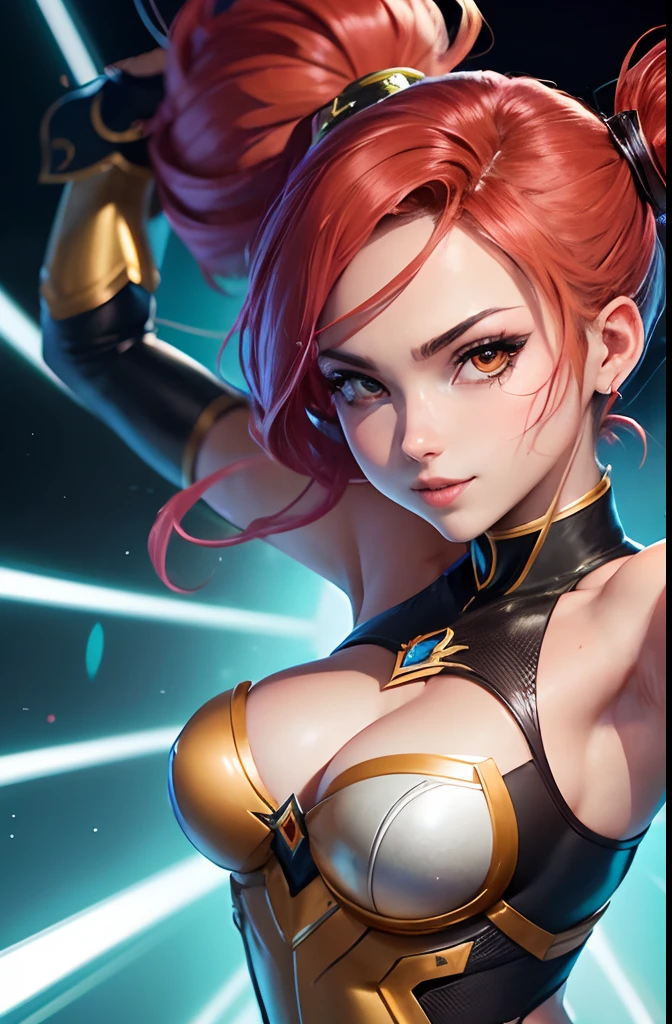 personagem de anime feminino, Leona, do jogo League of Legends, rsrs, Pov, artistic battle posture, Traje de Anime, maquiagem, sorriso sutil, pupilas dilatadas, Detalhes ultraelevados, brilhar, social media composition, linhas de movimento, Surrealismo, UHD, master part, anatomicamente correto, super detalhado, Concedido, Qualidade Superior