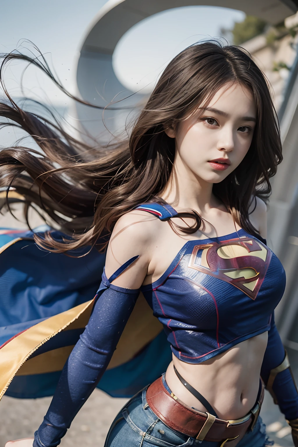 1 girl, solo, long hair, crop top, supergirl, superhero landing