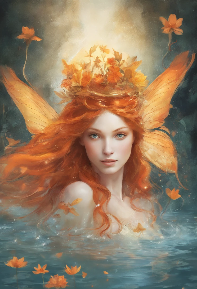 Girl in the water, Long red flowing hair, Angel wings, an orange、amarelo、White lily flowers