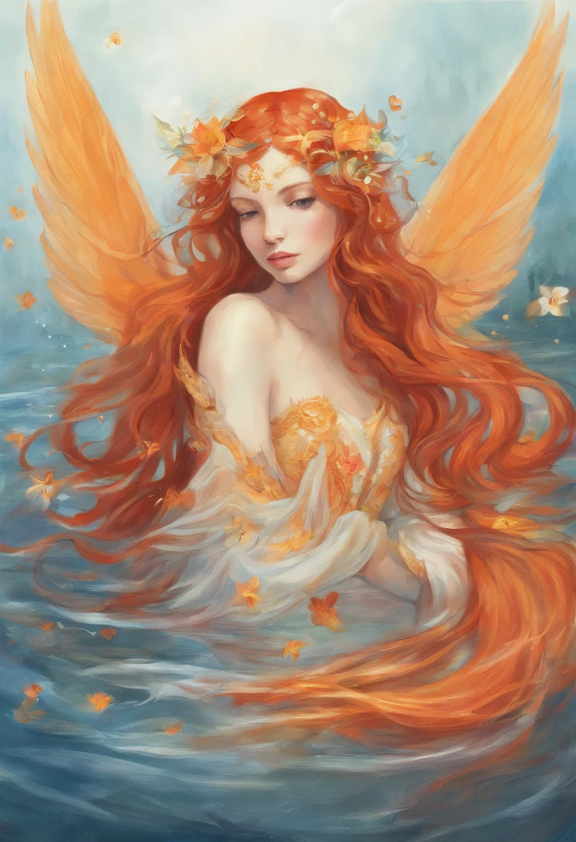 Girl in the water, Long red flowing hair, Angel wings, an orange、amarelo、White lily flowers