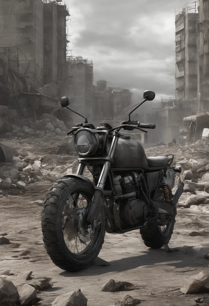 (Hyperrealistic),(Extremely detailed),nuclear waste, Radioactive wasteland, nuclear fallout, post nuclear fallout, radioactivity, nuclear wasteland, nuclear, Nuke, Toxic waste, post-nuclear, nuclear blast imminent, Radioactive particles,A motorcycle sped by