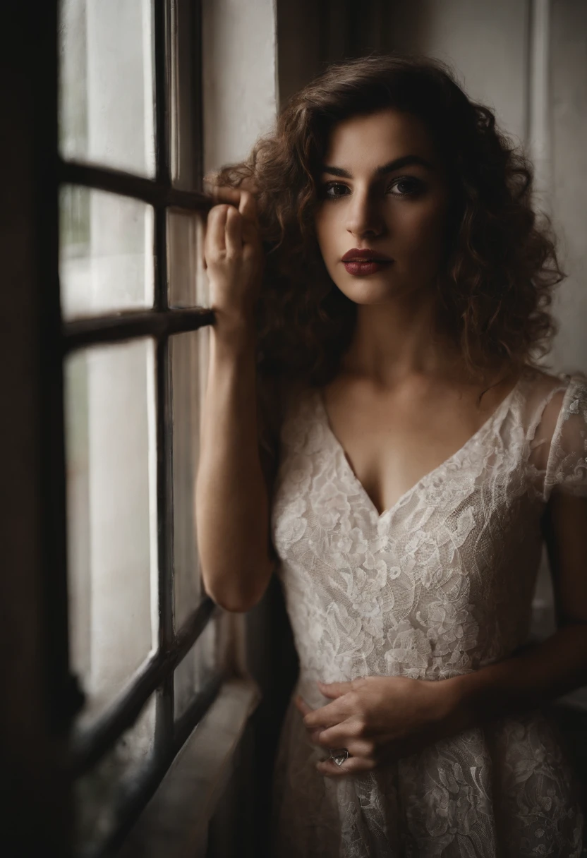 Une jeune fille de 22 ans avec les yeux vert paux noire,jupe courte rouge chemise courte moulante blanche avec des colants noir ,Normal breasts hands and faces perfect and visible seductive look