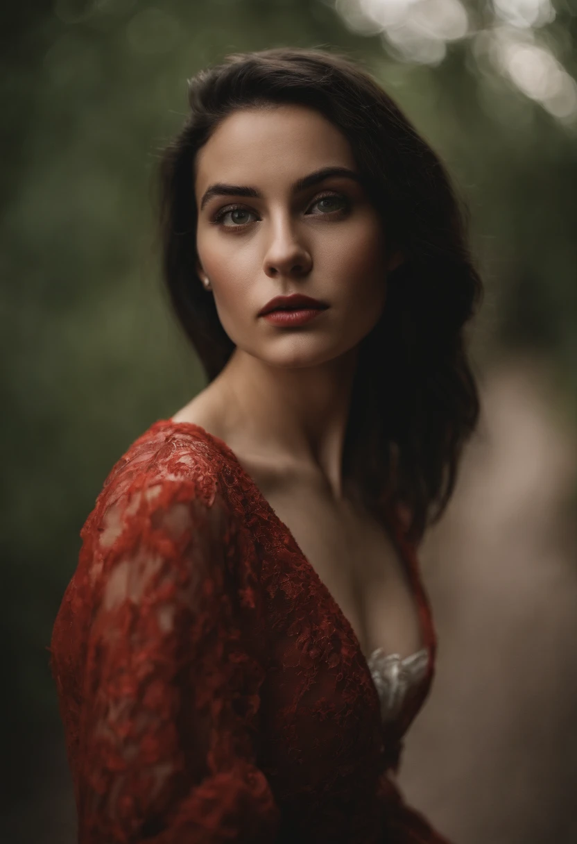Une jeune fille de 22 ans avec les yeux vert paux noire,jupe courte rouge chemise courte moulante blanche avec des colants noir ,Normal breasts hands and faces perfect and visible seductive look