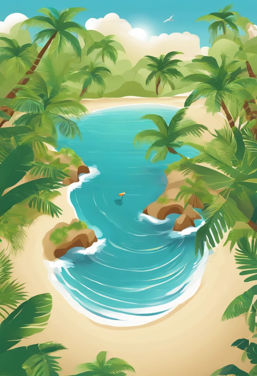bird view overall vector graphics animation of small uninhabited island in the ocean, completely covered with greenery, palm trees, the sun ,and the sand,winds blows ocean waves,clouds are moving, trees shaking