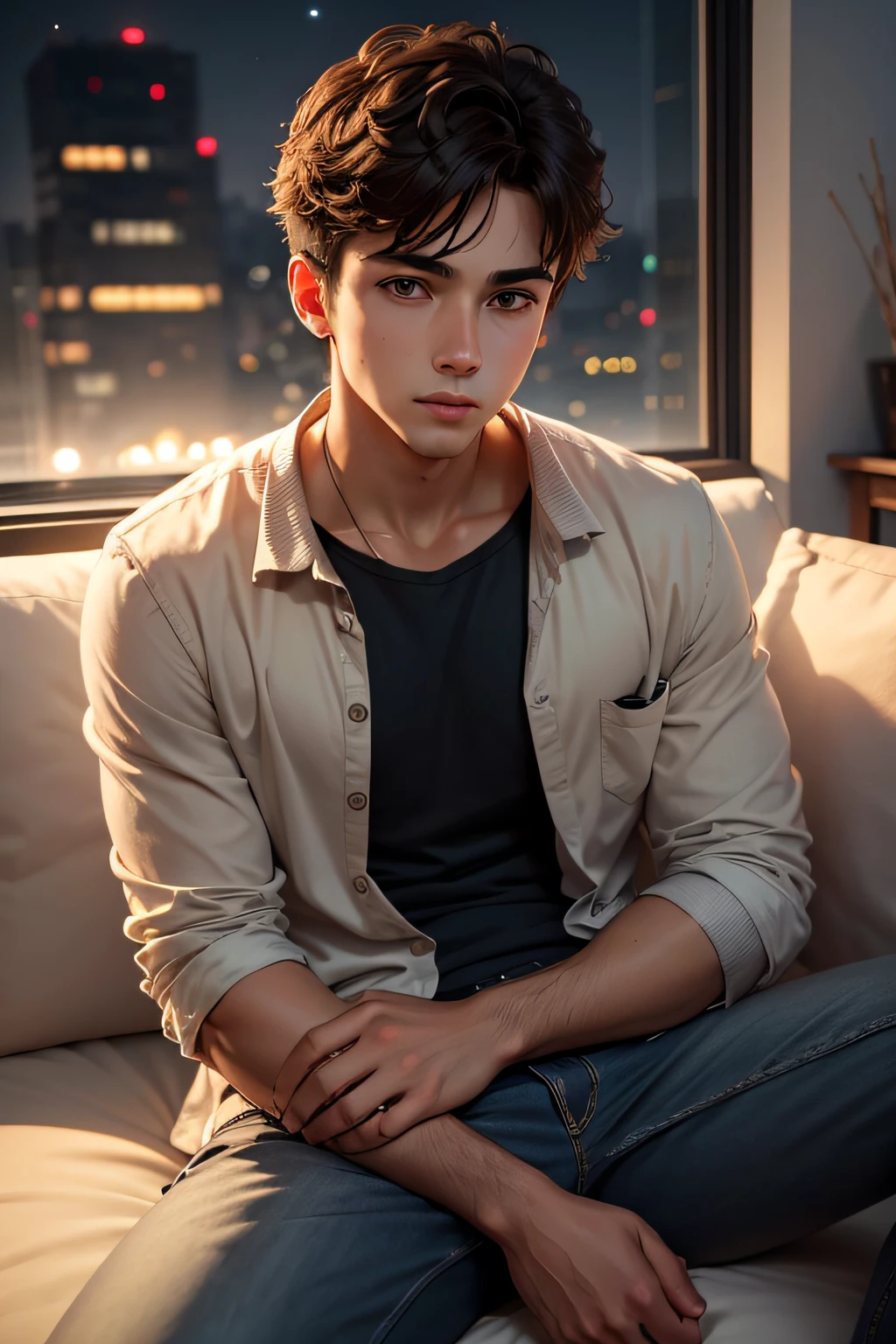 Young man sitting on sofa watching TV at night
