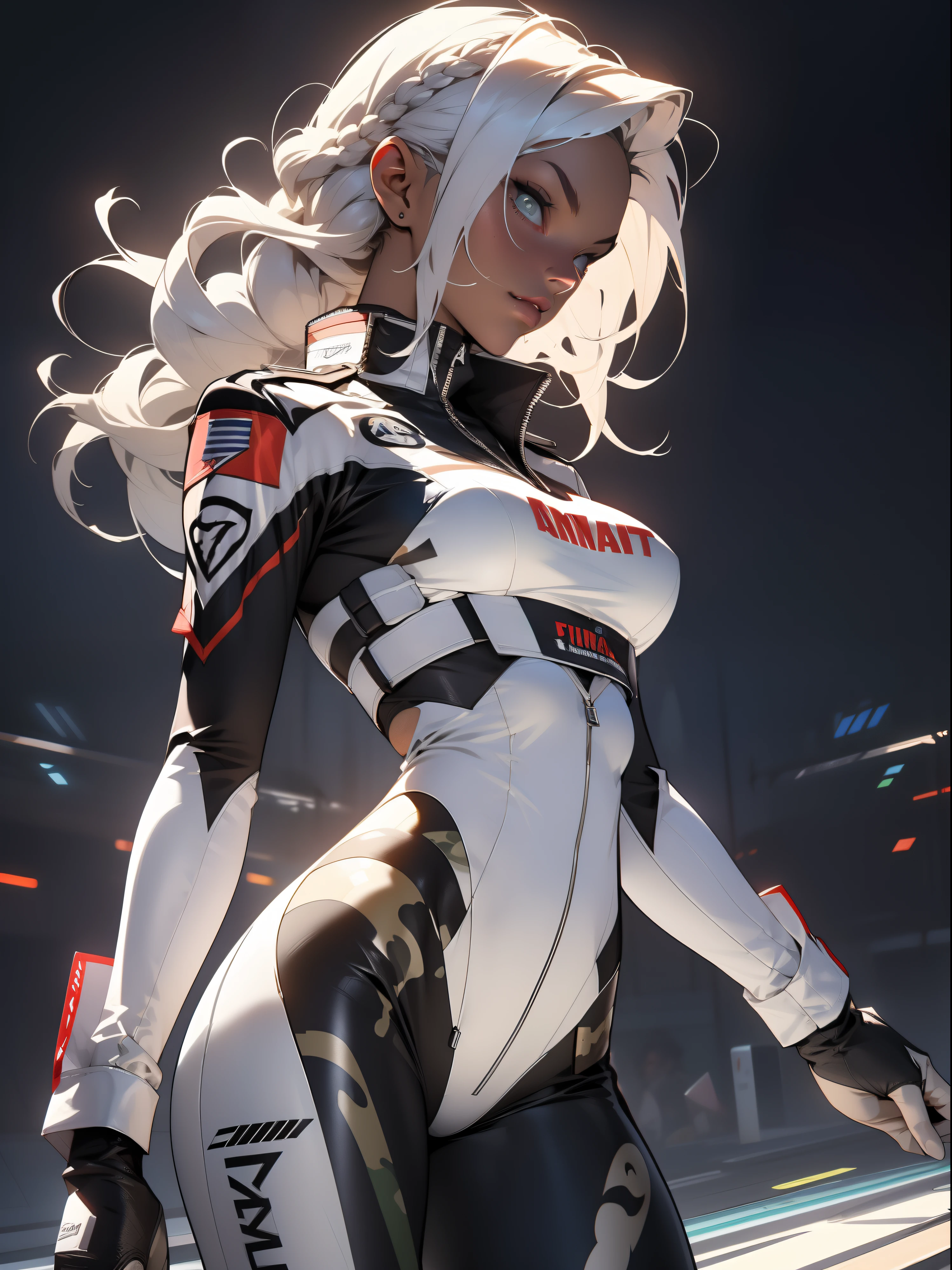 ((Best quality)), ((Masterpiece)), (Detailed: 1.4), (Absurde), A female fighter pilot ready for war in a military bikini, marin, dark skinned, slim body defined, corps entier, Cuisses nues, mouth closed,  Cyberpunk, half-naked, generous neckline, ((Perfect huge breasts)), (Yeux bleu clair super clairs sans pupilles), (((Bikini camouflage militaire)),  (((cheveux blancs avec tresse)))), longs cils maquillage lourd, porte-jarretelles, jumeler beaucoup, niji --V5, close to real, psychopathe, visage parfait, sexy pose, Background city, 2 piece clothes, , scale to suit dimensions, Hdr (High Dynamic Range),Ray Tracing, NVIDIA RTX,Super-Resolution,Unreal 5,Dispersion souterraine, PBR Texture, Post-traitement, Filtrage anisotrope, profondeur de champ, Maximum Clarity and Sharpness, Textures multicouches, Albedo and specular maps, Ombrage de surface, Accurate Simulation of Light-Material Interaction, Proportions parfaites, Rendu octane, two tone lighting, Grande ouverture, ISO faible, Balance des blancs, Rule of Thirds, 8K RAW, Crysisnanosuit Bikini, thigh gap, belles hanches, show knees