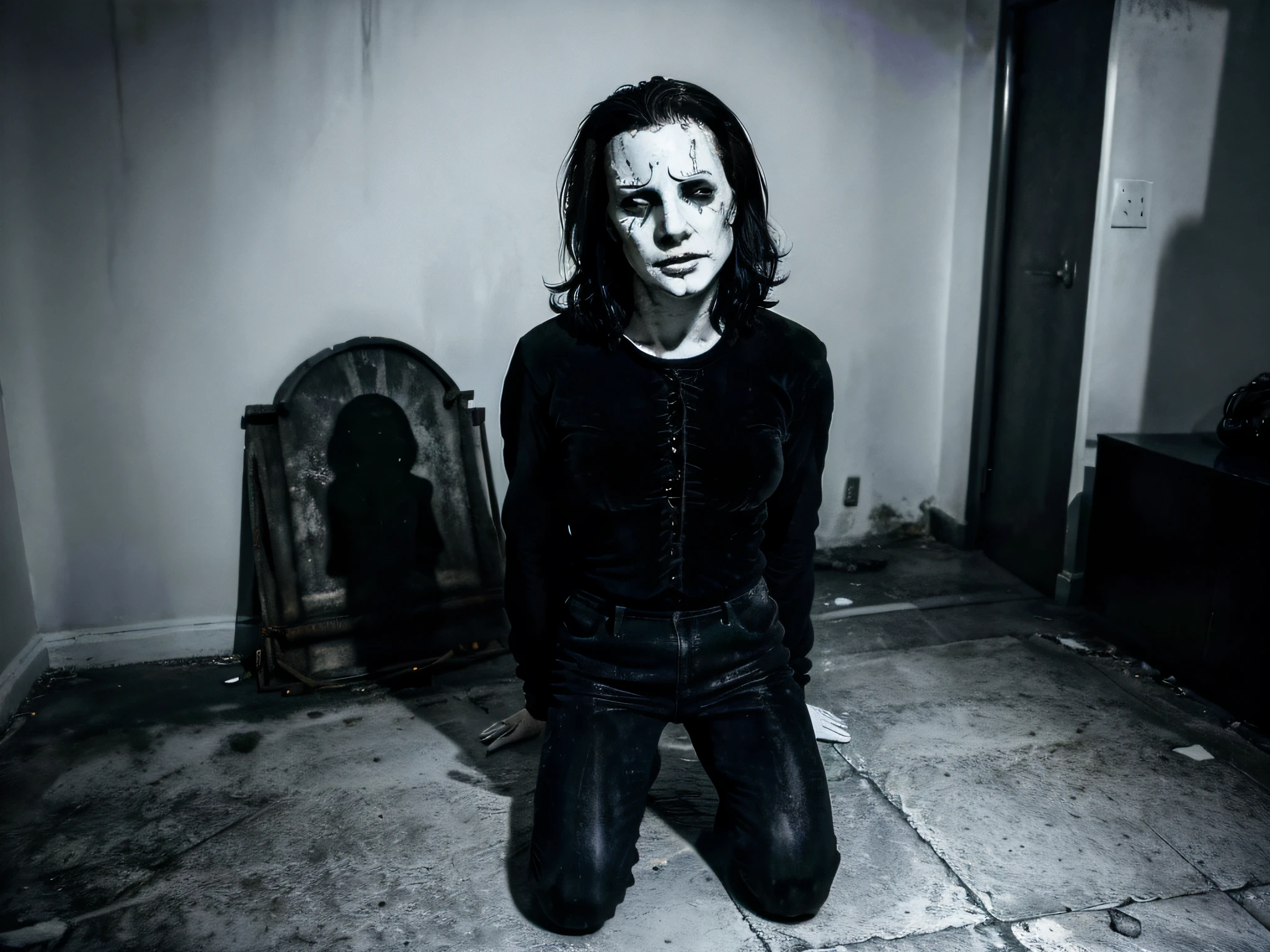 top-quality,ultra-detailliert,​masterpiece,realisitic,Photo Real, (michael myers victim in suffering),creepy, horror ambiance, ((full body shot)), black and white photo