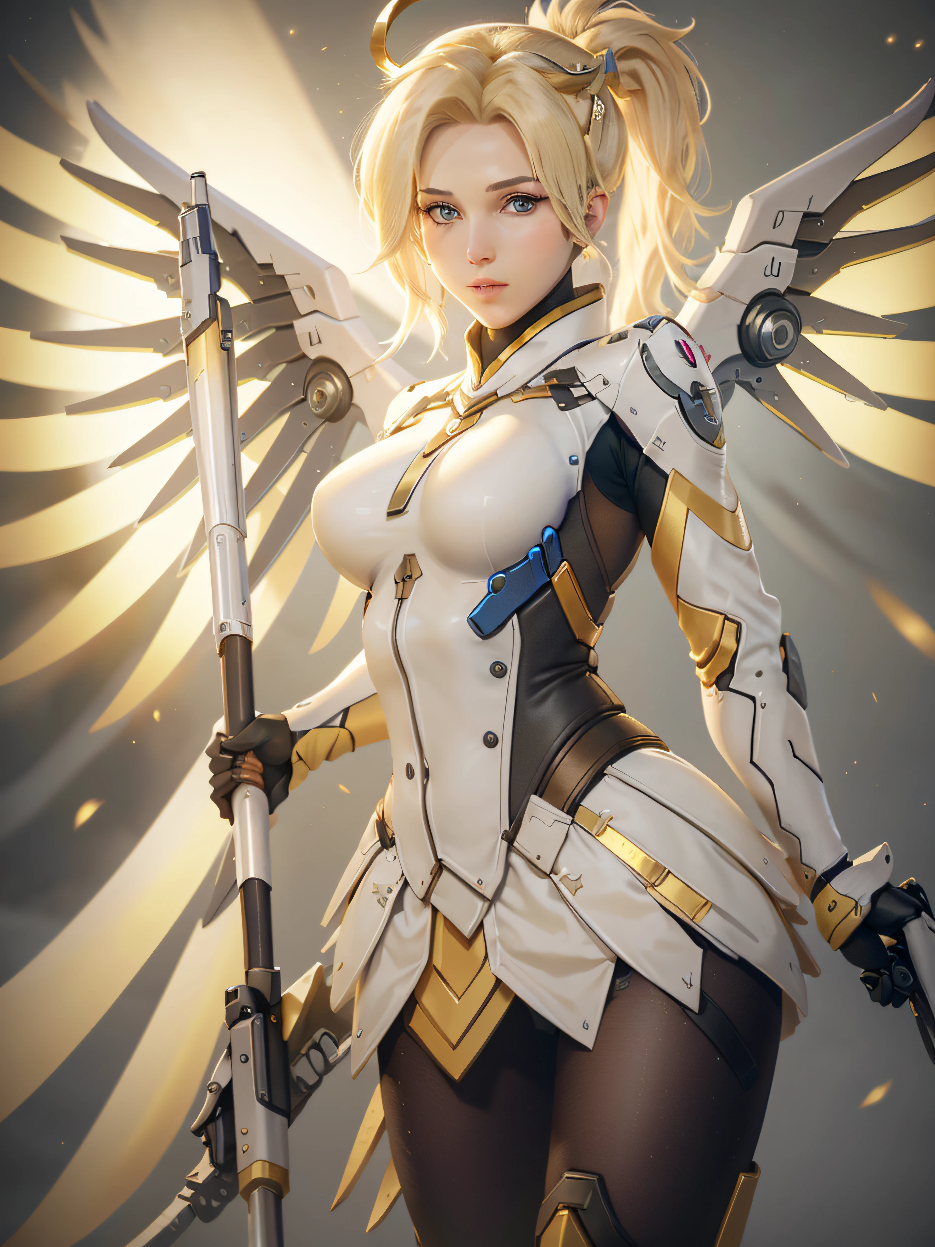 MercyOver, 1girl, mercy (overwatch), mechanical wings, mechanical halo, solo, blonde hair, wings, blue eyes, halo, staff, yellow wings, breasts, bodysuit, holding, upper body, lips, looking at viewer, holding staff, medium breasts, spread wings, glowing wings, nose, high ponytail, ponytail