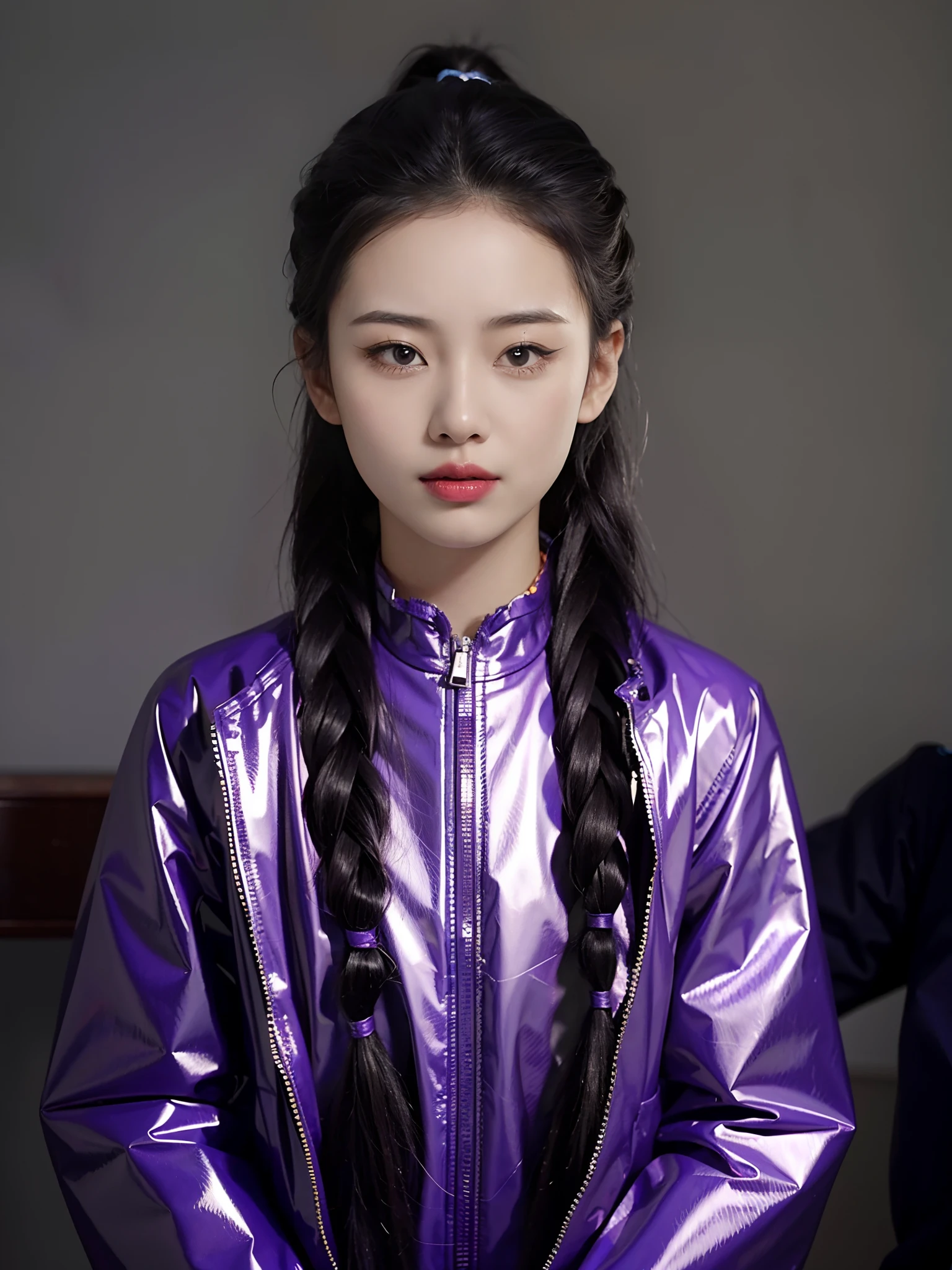 A Chinese high school girl,Wearing a purple PVC down jacket,There are zippers,Twist braids。