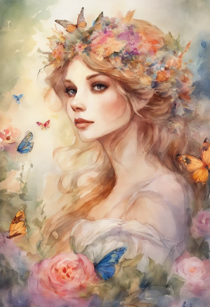Beautiful woman in fairy costume, 22year old, Mature face, Amber eyes, Large breasts, Surrounded by flowers and butterflies. Content: Watercolor painting. Style: Capricious and delicate, Like illustrations in children's books.
