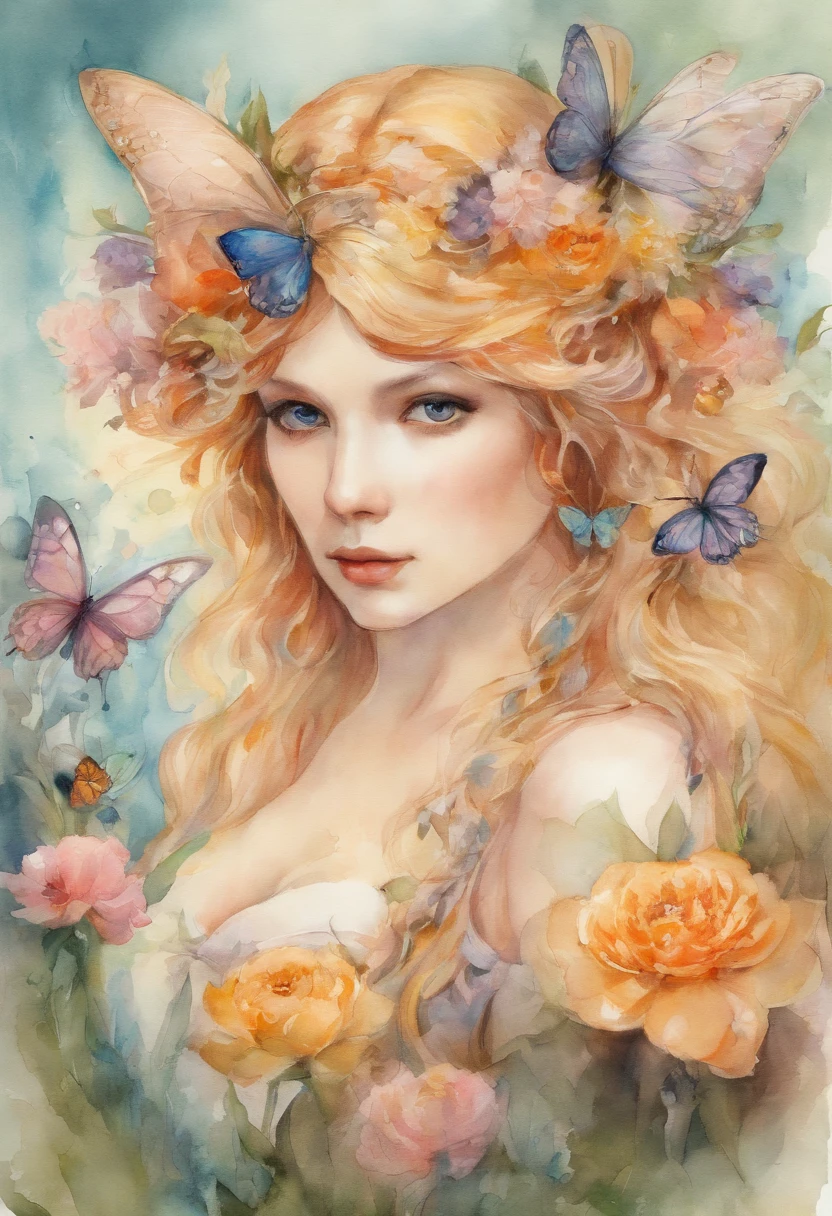 Beautiful woman in fairy costume, 22year old, Mature face, Amber eyes, Large breasts, Surrounded by flowers and butterflies. Content: Watercolor painting. Style: Capricious and delicate, Like illustrations in children's books.