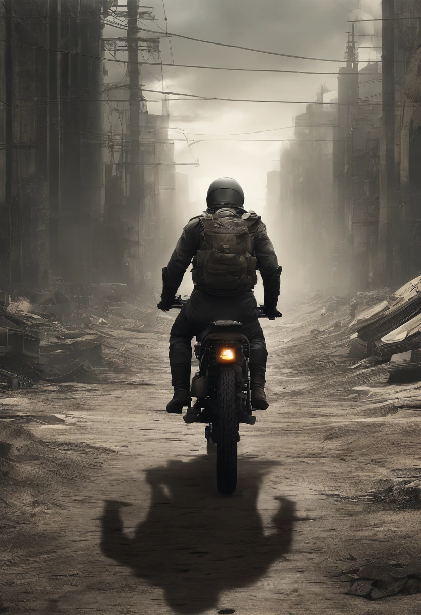 (Hyperrealistic),(Extremely detailed),nuclear waste, Radioactive wasteland, nuclear fallout, post nuclear fallout, radioactivity, nuclear wasteland, nuclear, Nuke, Toxic waste, post-nuclear, nuclear blast imminent, Radioactive particles,A man gallops past on a motorcycle