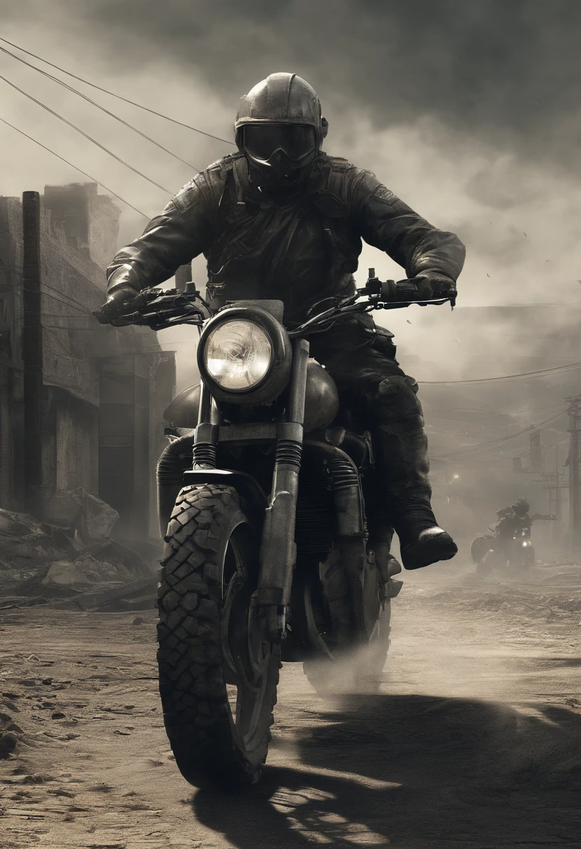 (Hyperrealistic),(Extremely detailed),nuclear waste, Radioactive wasteland, nuclear fallout, post nuclear fallout, radioactivity, nuclear wasteland, nuclear, Nuke, Toxic waste, post-nuclear, nuclear blast imminent, Radioactive particles,A man gallops past on a motorcycle