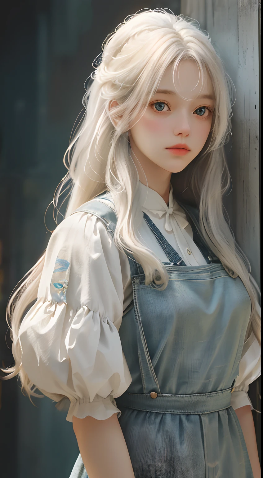 A super beautiful girl,long white hair,big bright eyes,Cool feeling,Vintage suspender clothing,vintagestyle,Low saturation colors,Mottled texture,Yellowish texture,Rei Kurahashi's artwork,Front perspective,The background wall is a spliced newspaper,Hyper-Resolution,accuracy,detail render,(Delicate facial portrayal)(Fine hair portrayal)(highest quality)(Master masterpieces)(High degree of completion)(a sense of atmosphere)tmasterpiece,ultra - detailed (half-body portrait)