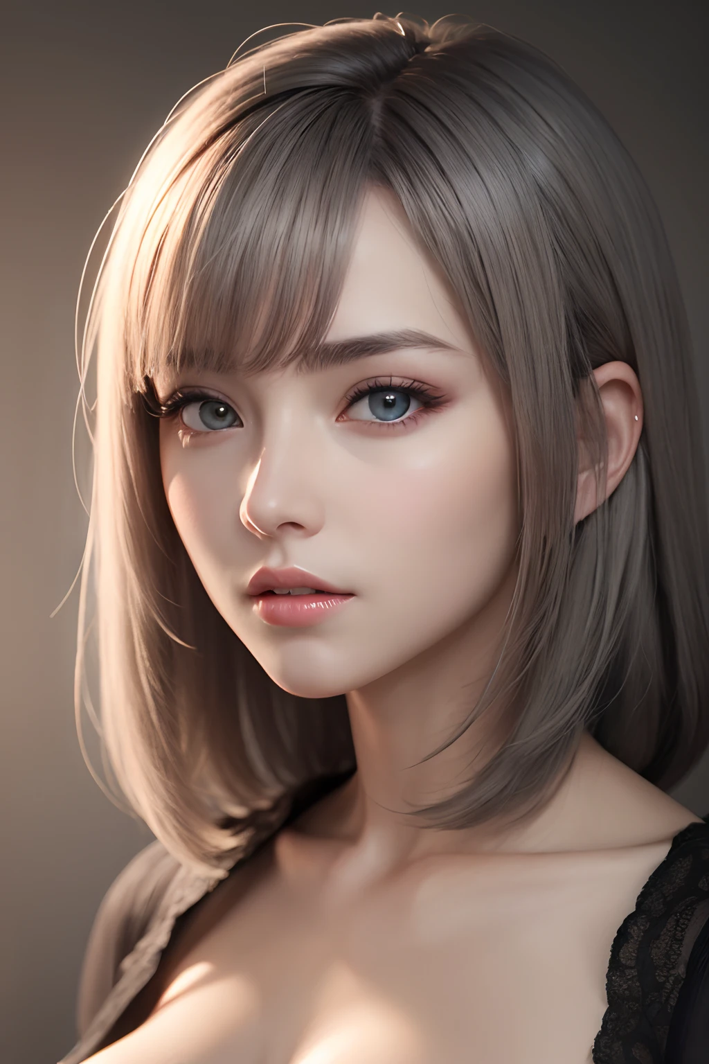 1girl, star eye, blush, perfect illumination, grey hair, red bright eyes, unreal engine, sidelighting, detailed face, bangs, bright skin, simple background, dark background, upon body, realistic big breasts.