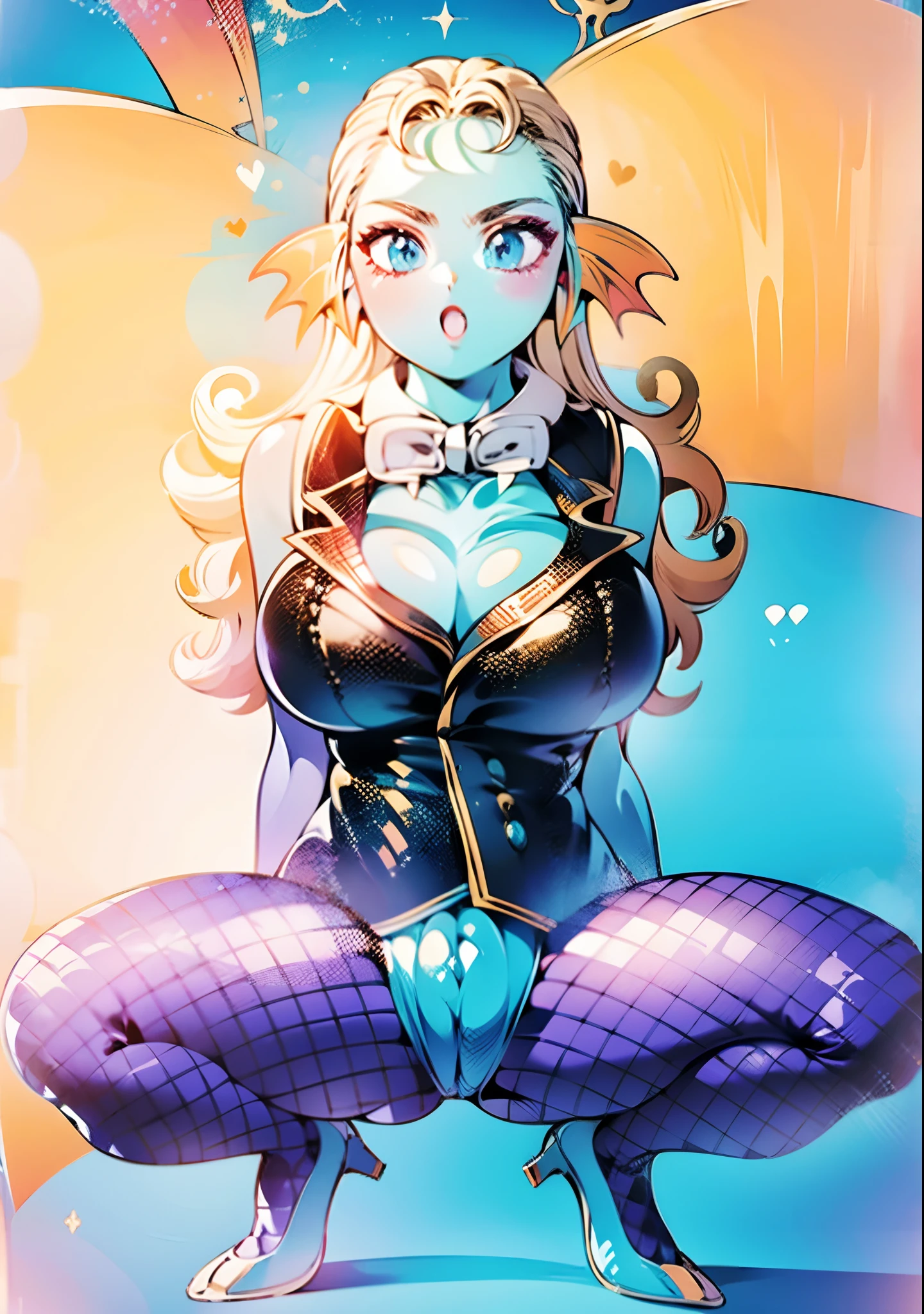 8K, High Definition, married, Beautiful, Bright, Eye Highlights, Sexy, Erotic, beautiful line art, light blue skin, Blue and orange gradient ear fins, Bunny Girl, Bunny suit, Net tights on the legs, Rainbow Bunny Girl, Glossy outfit, Blue skin, Shades of jet black,