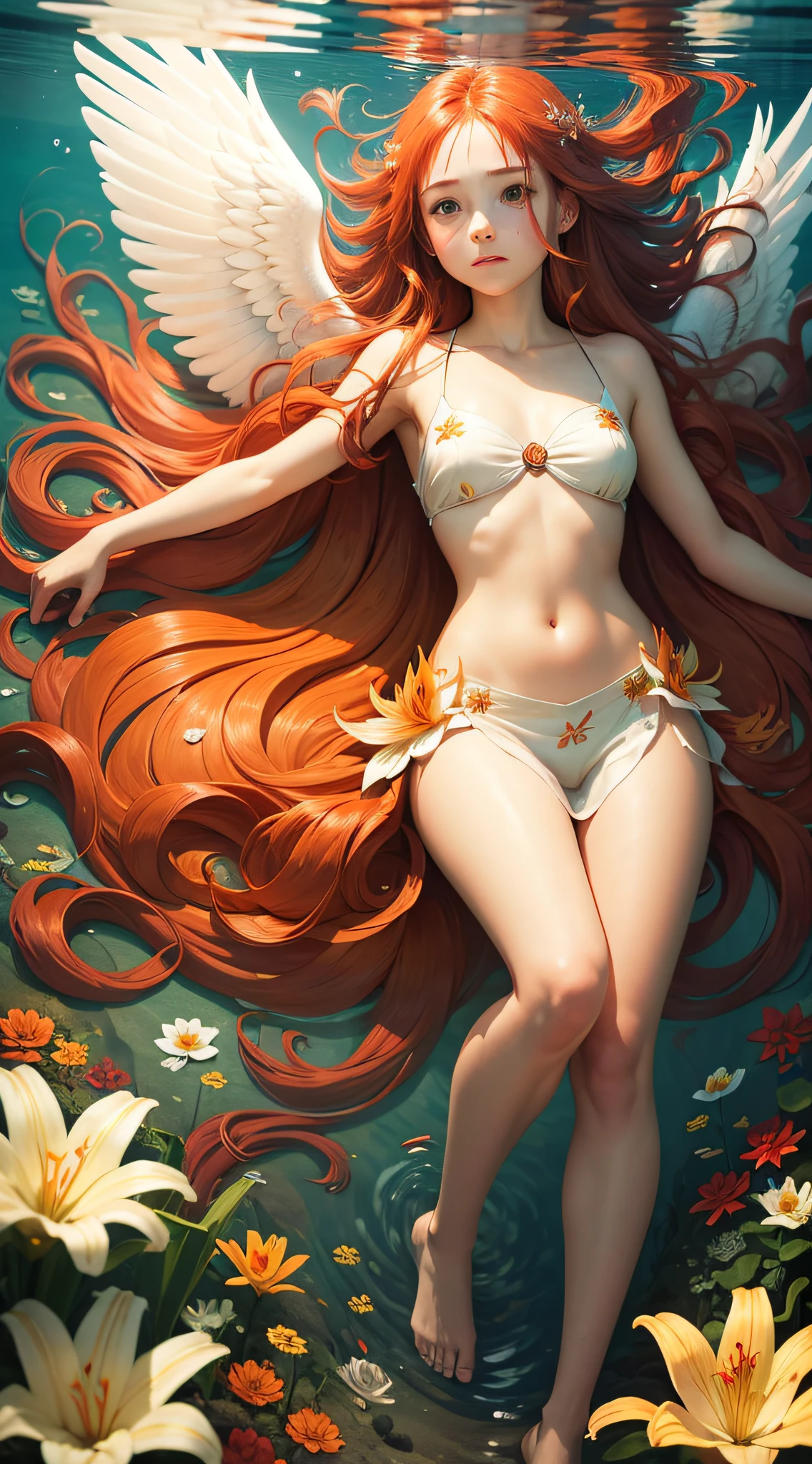girl underwater, long red flowing hair, angel wings, orange yellow and white lily flowers