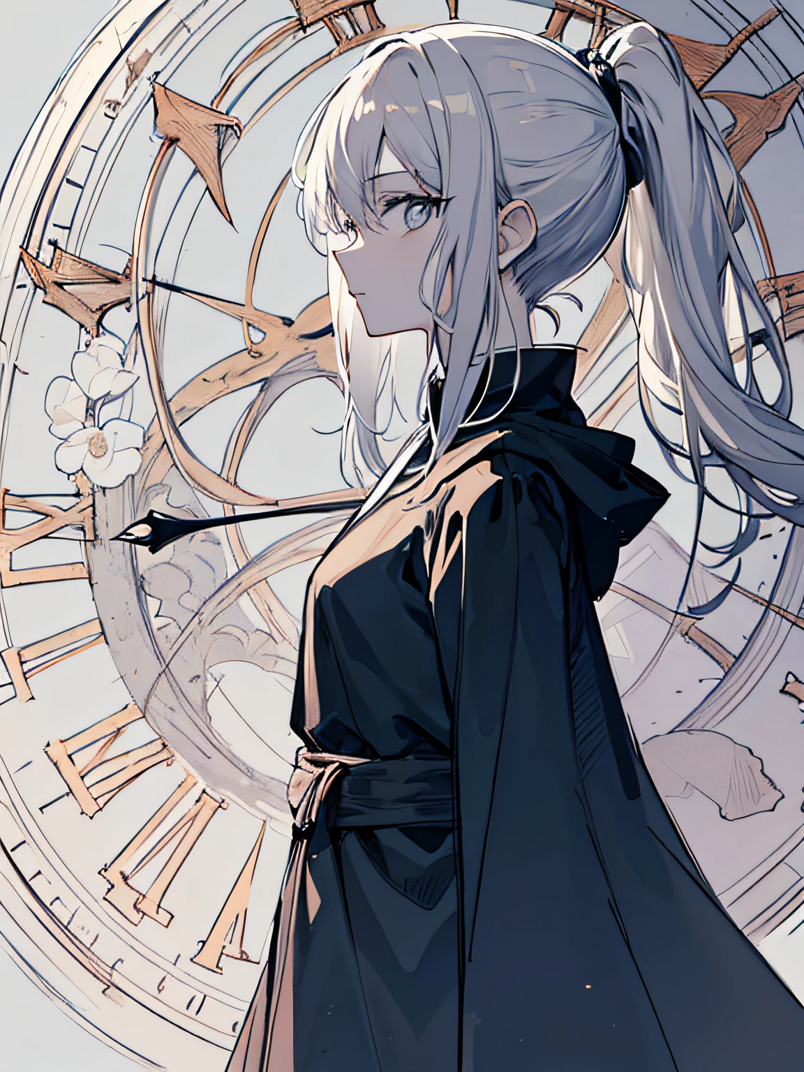 masterpiece, acura, 1girl, solo, mage robes, long ponytail white hair, profile close-up, flower line drawing background, clock background, monochrome, line drawing, looking at viewer, grey eyes, thinking pose ((sketch))