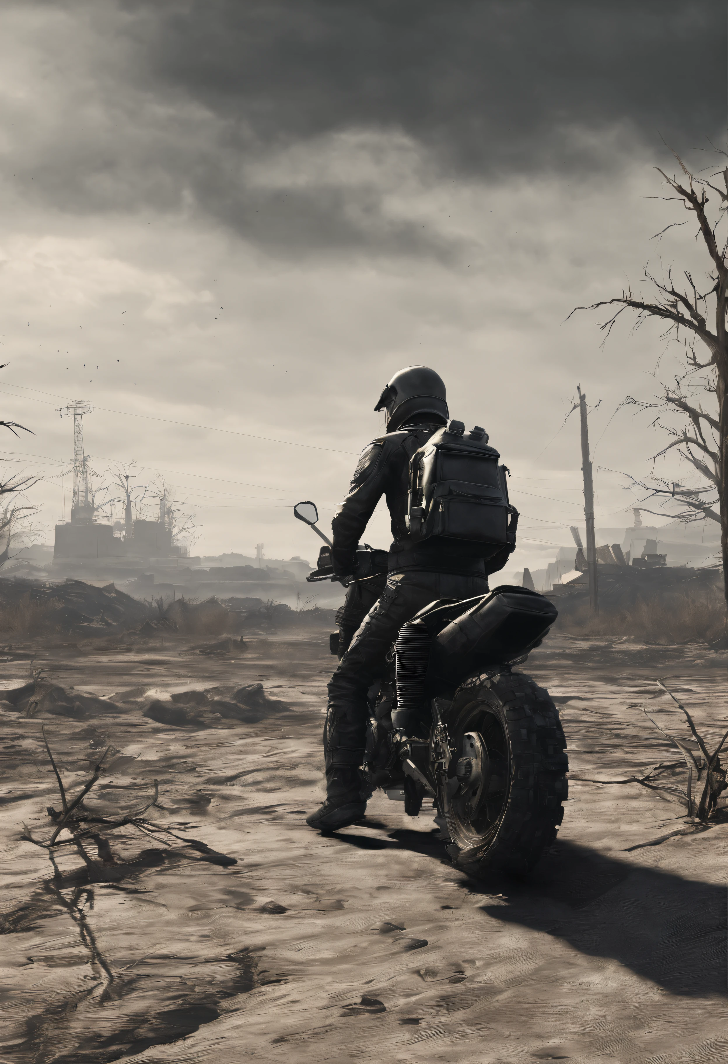 (Hyperrealistic),(Extremely detailed),nuclear waste, Radioactive wasteland, nuclear fallout, post nuclear fallout, radioactivity, nuclear wasteland, nuclear, Nuke, Toxic waste, post-nuclear, nuclear blast imminent, Radioactive particles,A man comes from a distance on a motorcycle